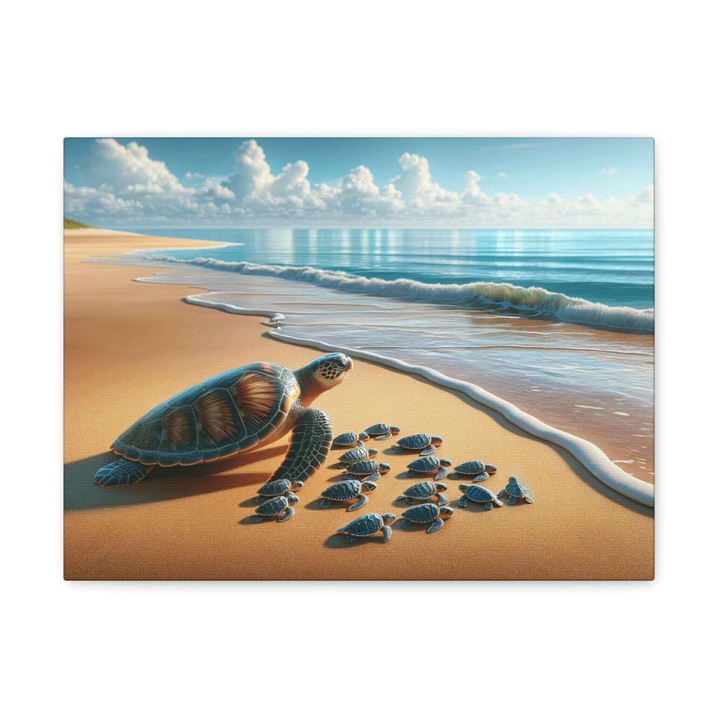 Sea Turtle On The Beach Wallart Canvas Dive into vibrant style with the Sea Turtle On The Beach Wallart Canvas. This stunning wall decor features a graceful sea turtle swimming through crystal clear waters rendered in eye-catching color. Printed on thick,