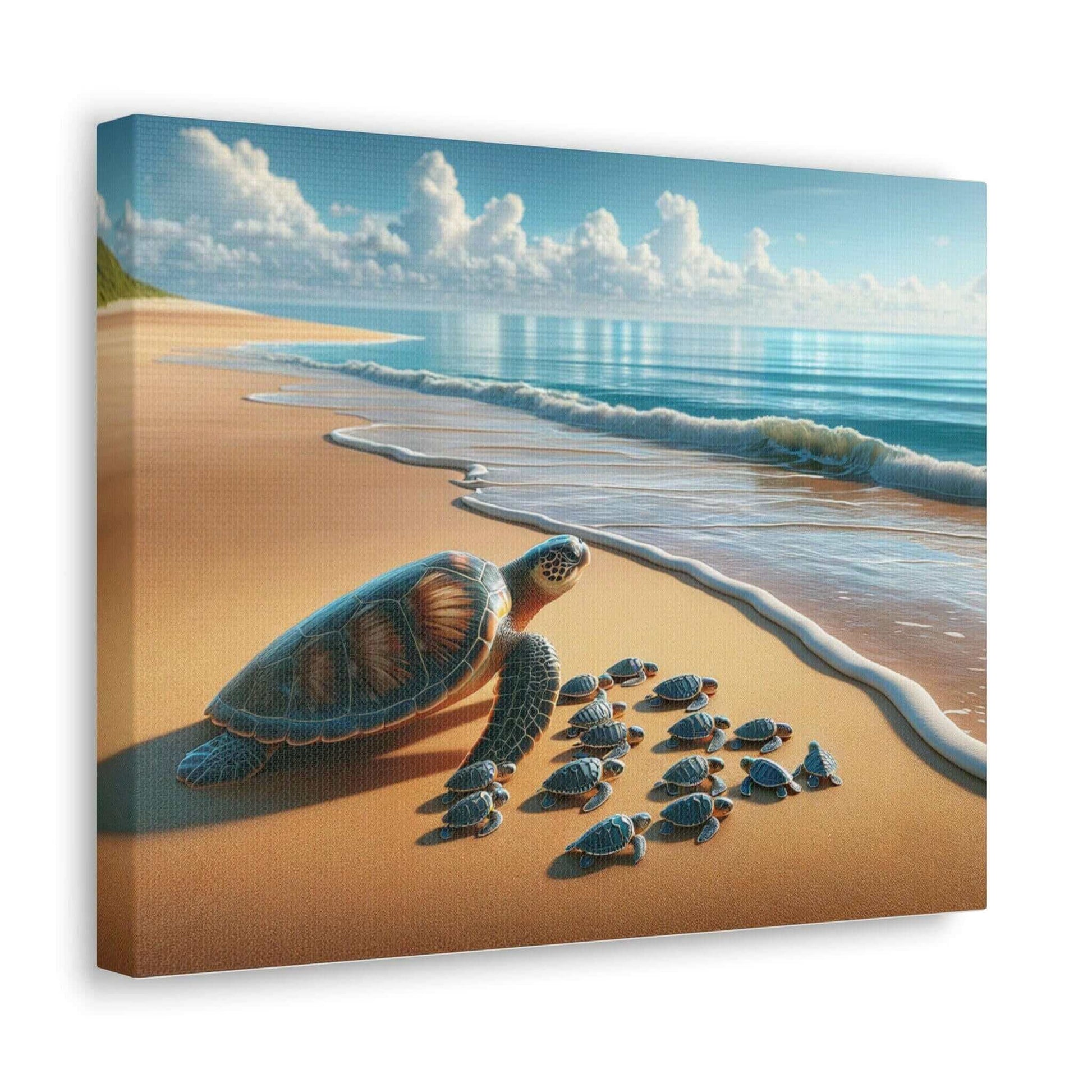 Sea Turtle On The Beach Wallart Canvas Dive into vibrant style with the Sea Turtle On The Beach Wallart Canvas. This stunning wall decor features a graceful sea turtle swimming through crystal clear waters rendered in eye-catching color. Printed on thick,