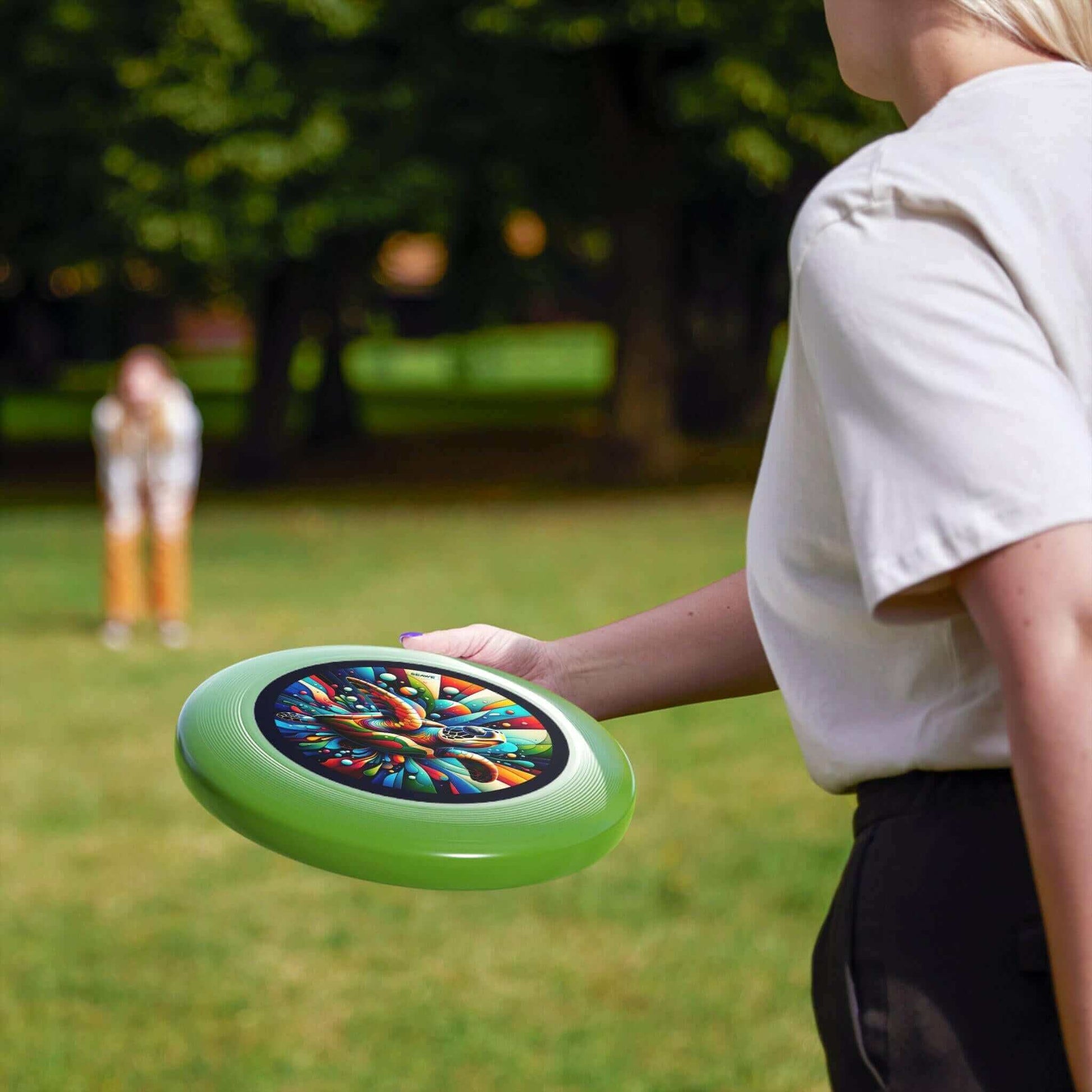 Colorful Sea Turtle Wham-O Frisbee Make a splash with the Colorful Sea Turtle Wham-O Frisbee! This eye-catching frisbee combines the trusted quality of Wham-O with a vibrant aquatic design. Wham-O brand ensures excellent performance and durability Colorfu