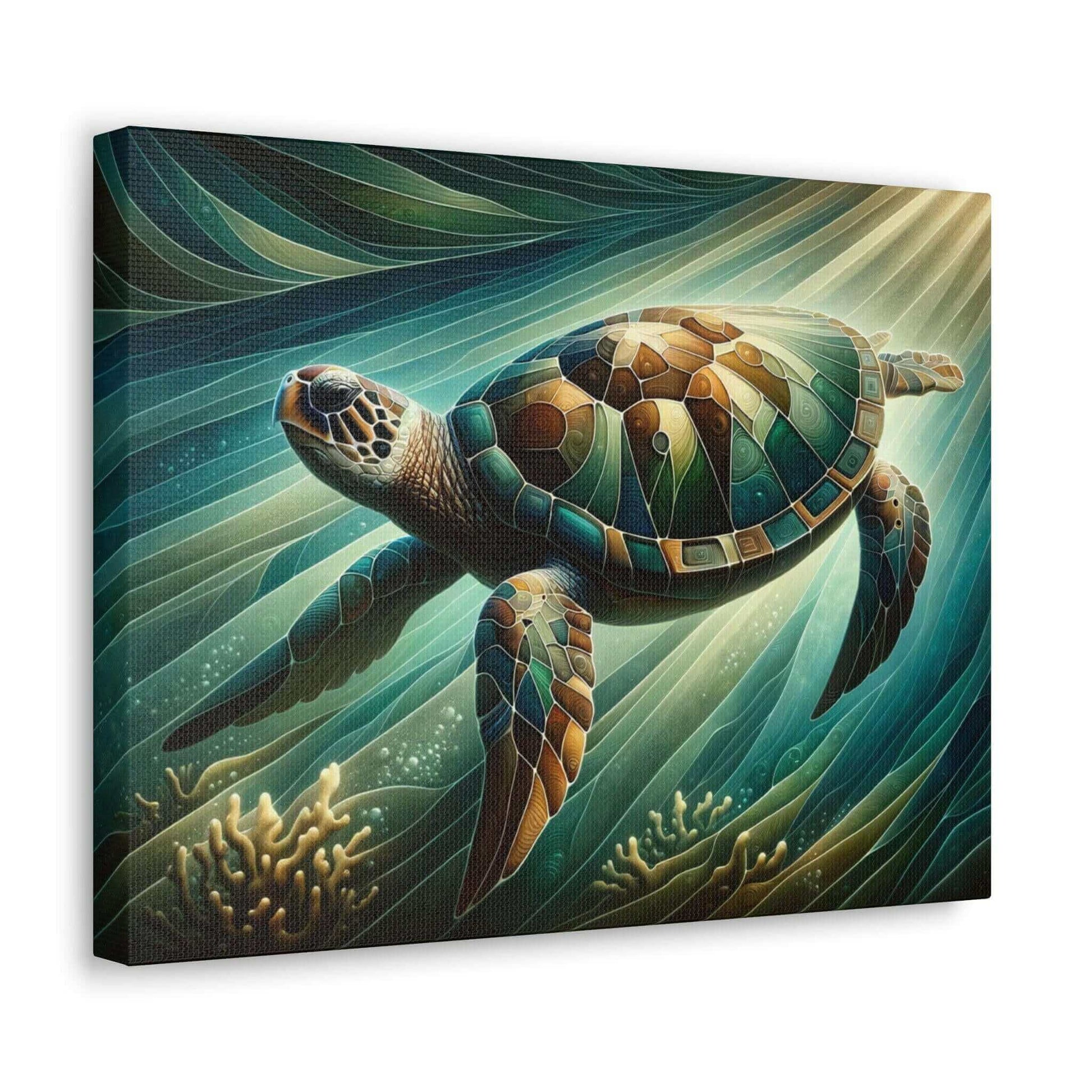 Green Sea Turtle Wallart Canvas Dive into vibrant style with the Green Sea Turtle Wallart Canvas. This stunning wall decor features a graceful sea turtle swimming through crystal clear waters rendered in eye-catching color. Printed on thick, high-quality