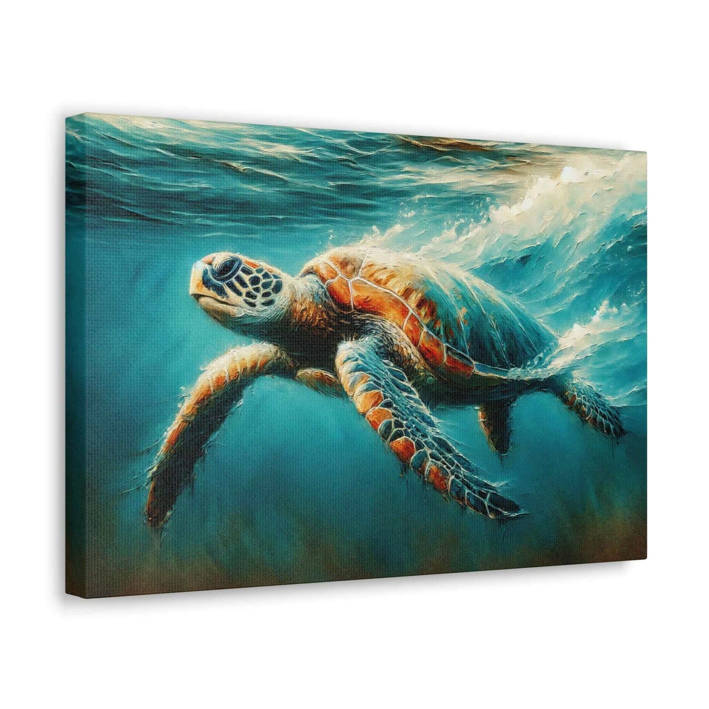 Painted Sea Turtle Swimming Wallart On Canvas Dive into vibrant style with the Painted Sea Turtle Swimming Wallart On Canvas. This stunning wall decor features a graceful sea turtle swimming through crystal clear waters rendered in eye-catching color. Pri