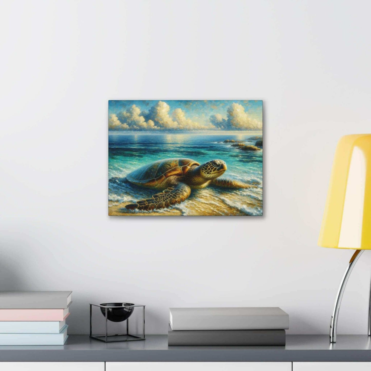 Painted Sea Turtle Wallart On Canvas Dive into vibrant style with the Painted Sea Turtle Wallart On Canvas. This stunning wall decor features a graceful sea turtle swimming through crystal clear waters rendered in eye-catching color. Printed on thick, hig