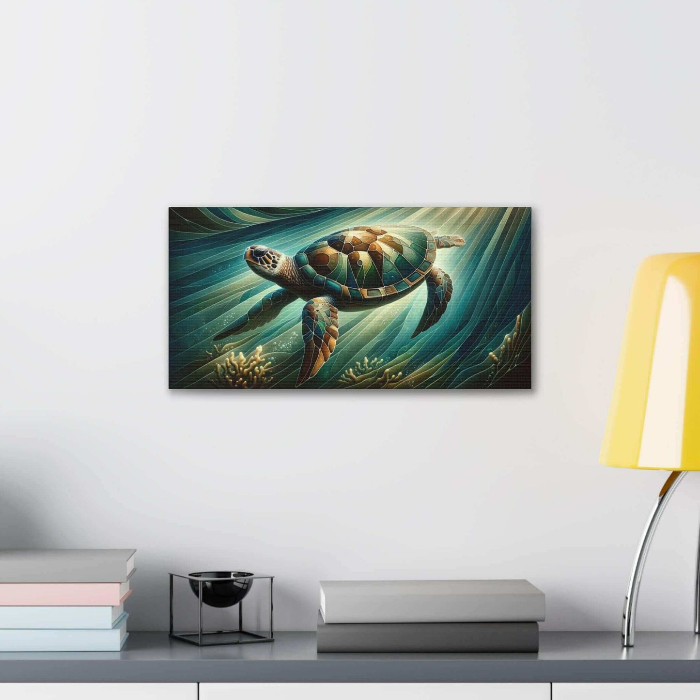 Green Sea Turtle Wallart Canvas Dive into vibrant style with the Green Sea Turtle Wallart Canvas. This stunning wall decor features a graceful sea turtle swimming through crystal clear waters rendered in eye-catching color. Printed on thick, high-quality