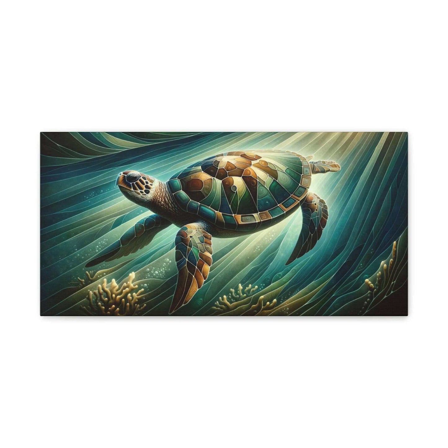 Green Sea Turtle Wallart Canvas Dive into vibrant style with the Green Sea Turtle Wallart Canvas. This stunning wall decor features a graceful sea turtle swimming through crystal clear waters rendered in eye-catching color. Printed on thick, high-quality