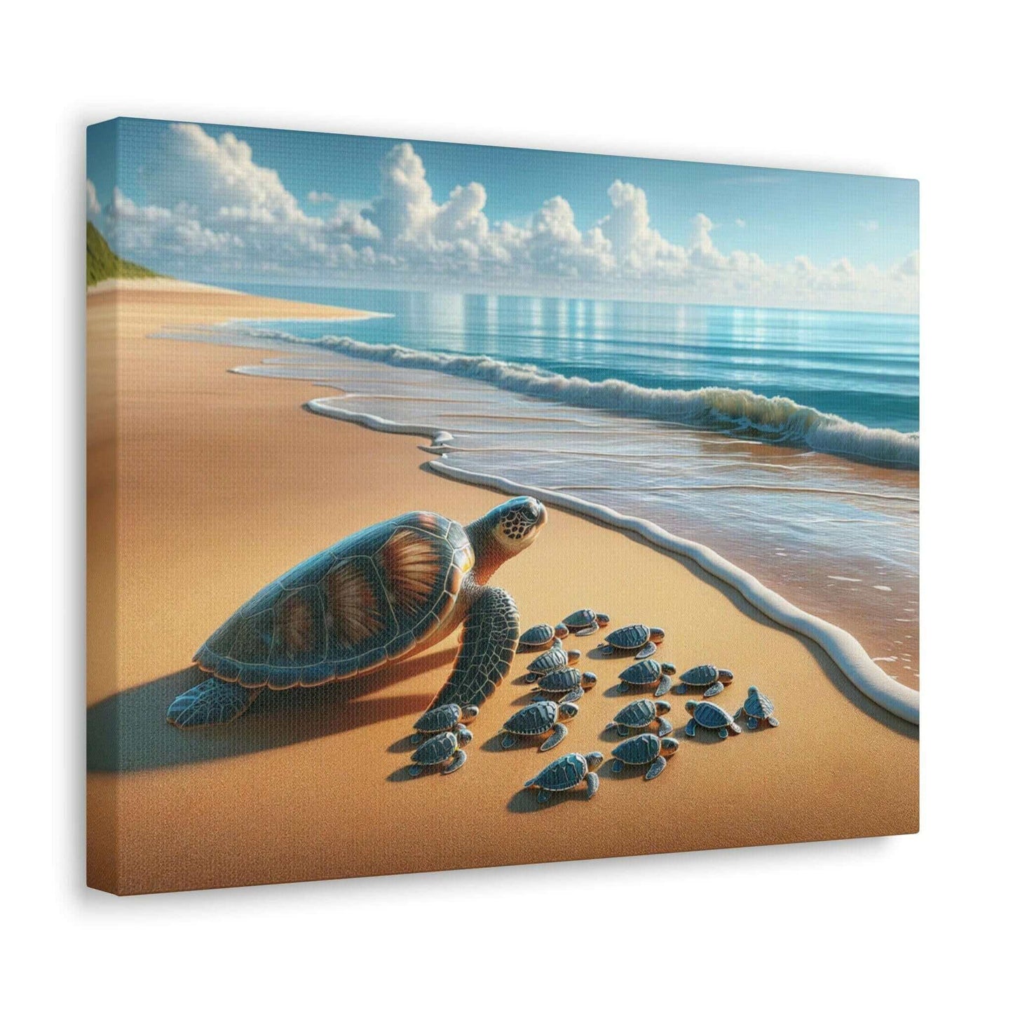 Sea Turtle On The Beach Wallart Canvas Dive into vibrant style with the Sea Turtle On The Beach Wallart Canvas. This stunning wall decor features a graceful sea turtle swimming through crystal clear waters rendered in eye-catching color. Printed on thick,