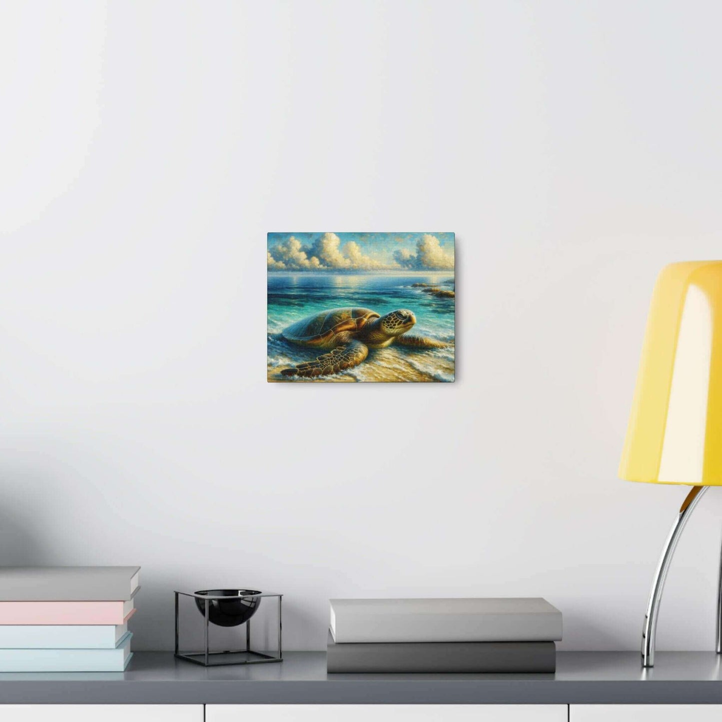 Painted Sea Turtle Wallart On Canvas Dive into vibrant style with the Painted Sea Turtle Wallart On Canvas. This stunning wall decor features a graceful sea turtle swimming through crystal clear waters rendered in eye-catching color. Printed on thick, hig