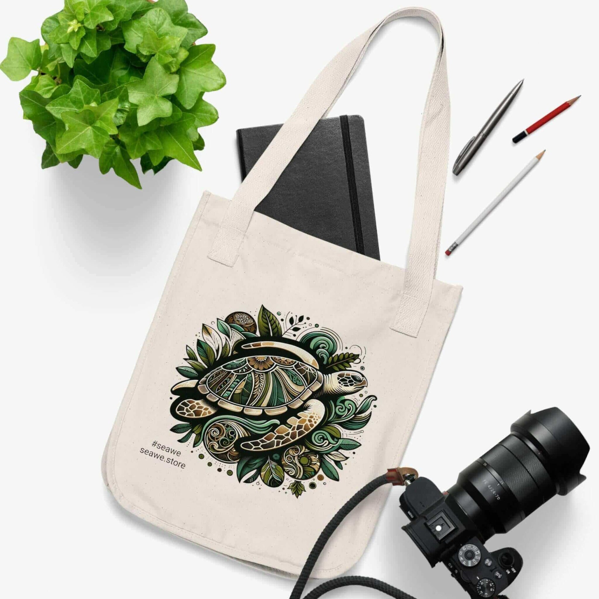 Sea Turtle Organic Canvas Tote Bag A stylish and eco-friendly way to carry your belongings! This Organic Canvas Tote Bag is designed with nature in mind. Made from 100% certified organic cotton for an environmentally friendly bag Durable medium-heavy 9 oz