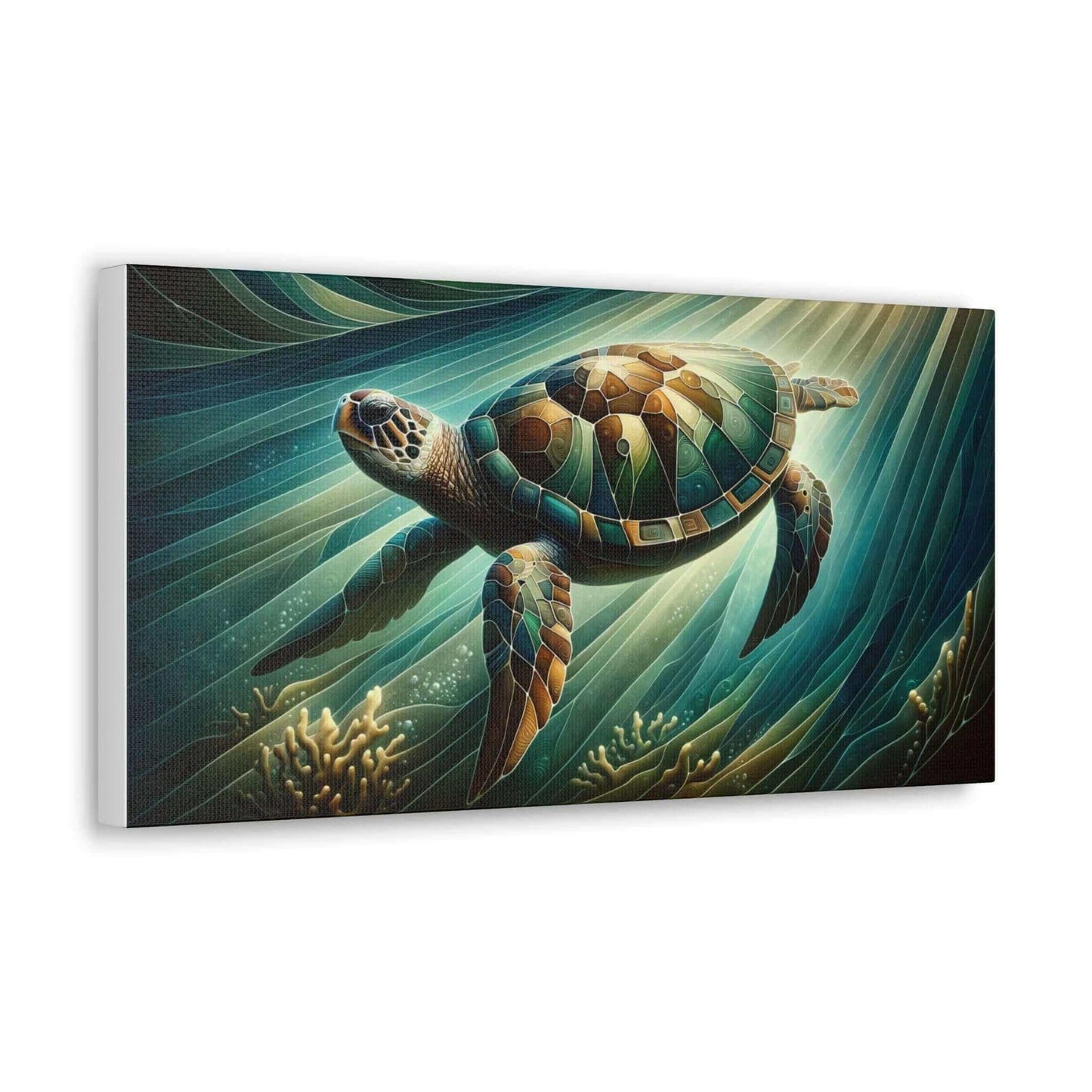 Green Sea Turtle Wallart Canvas Dive into vibrant style with the Green Sea Turtle Wallart Canvas. This stunning wall decor features a graceful sea turtle swimming through crystal clear waters rendered in eye-catching color. Printed on thick, high-quality