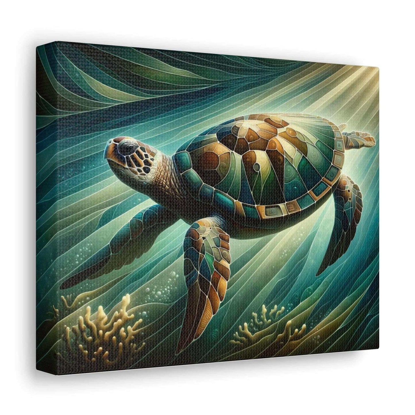 Green Sea Turtle Wallart Canvas Dive into vibrant style with the Green Sea Turtle Wallart Canvas. This stunning wall decor features a graceful sea turtle swimming through crystal clear waters rendered in eye-catching color. Printed on thick, high-quality