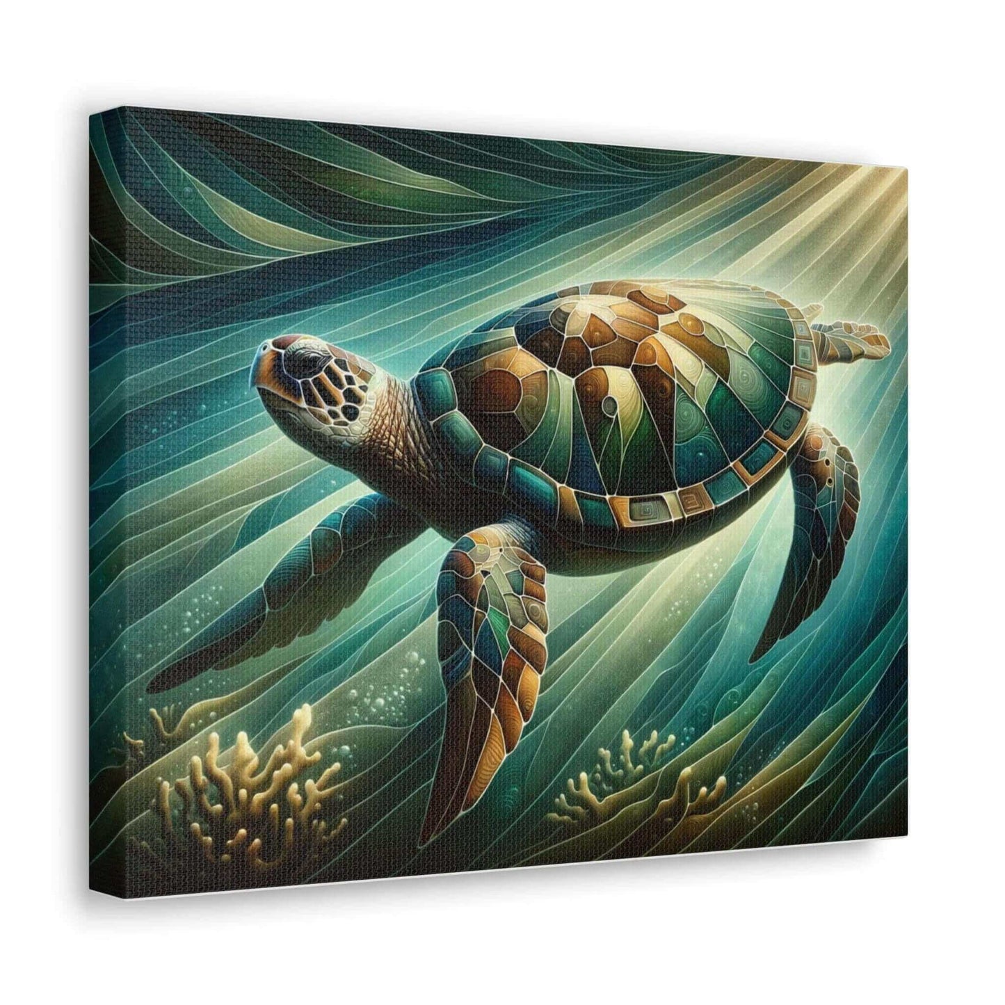 Green Sea Turtle Wallart Canvas Dive into vibrant style with the Green Sea Turtle Wallart Canvas. This stunning wall decor features a graceful sea turtle swimming through crystal clear waters rendered in eye-catching color. Printed on thick, high-quality