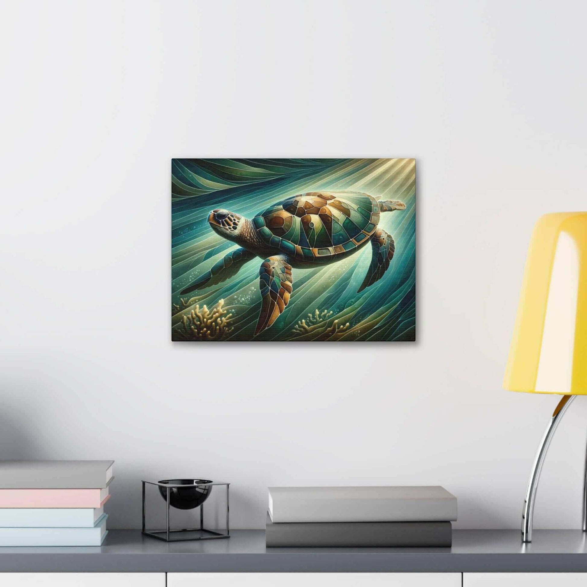 Green Sea Turtle Wallart Canvas Dive into vibrant style with the Green Sea Turtle Wallart Canvas. This stunning wall decor features a graceful sea turtle swimming through crystal clear waters rendered in eye-catching color. Printed on thick, high-quality