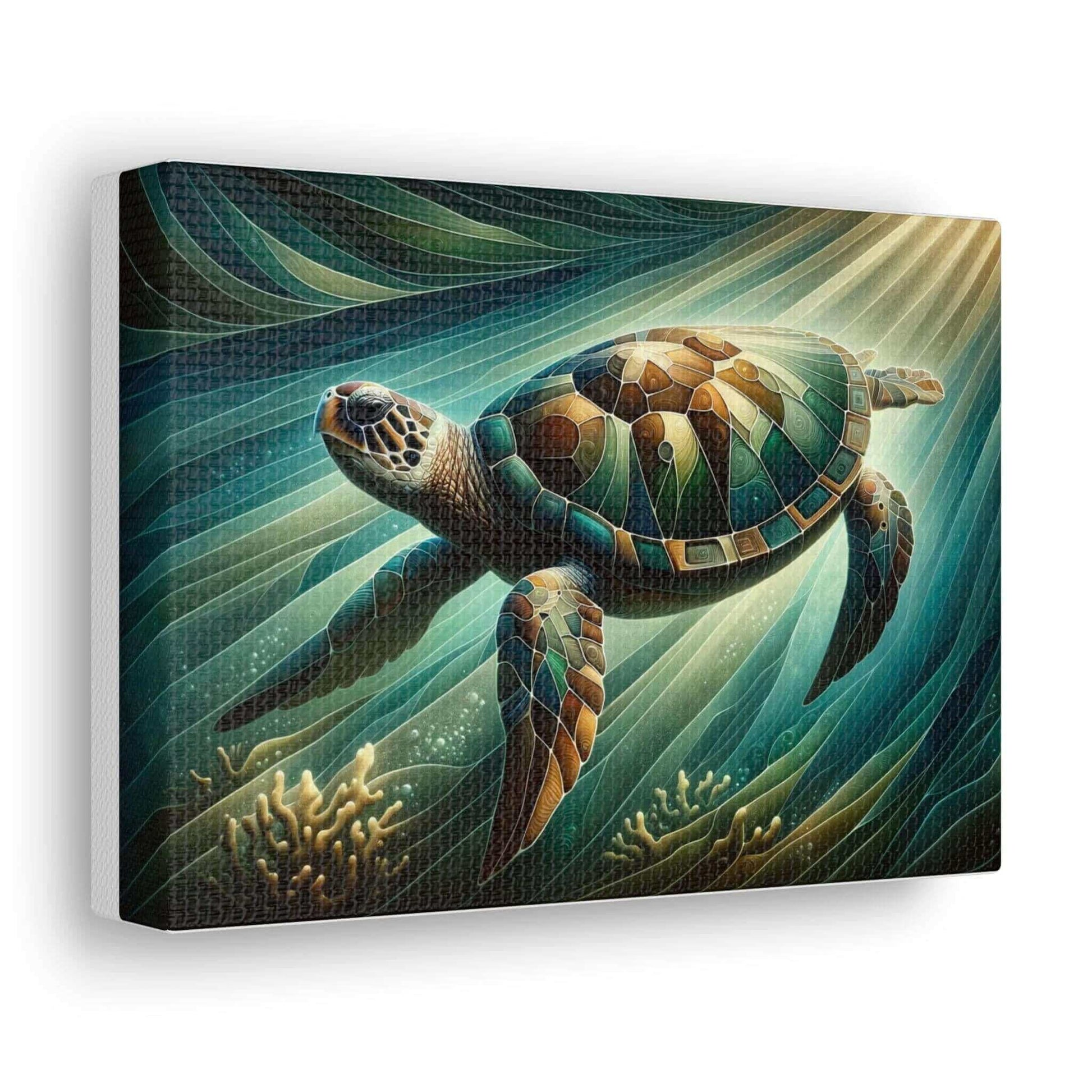 Green Sea Turtle Wallart Canvas Dive into vibrant style with the Green Sea Turtle Wallart Canvas. This stunning wall decor features a graceful sea turtle swimming through crystal clear waters rendered in eye-catching color. Printed on thick, high-quality