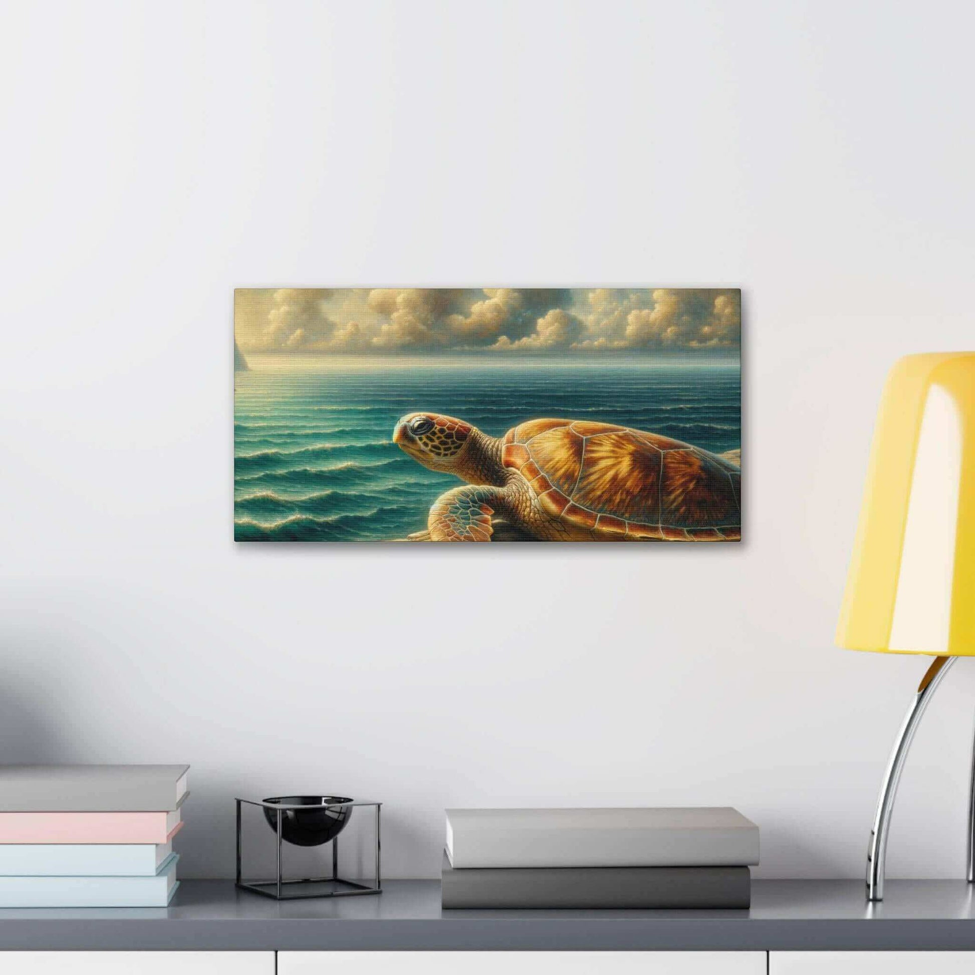 Painted Sea Turtle at the Dock Wallart on Canvas Dive into vibrant style with the Painted Sea Turtle at the Dock Wallart on Canvas. This stunning wall decor features a graceful sea turtle swimming through crystal clear waters rendered in eye-catching colo