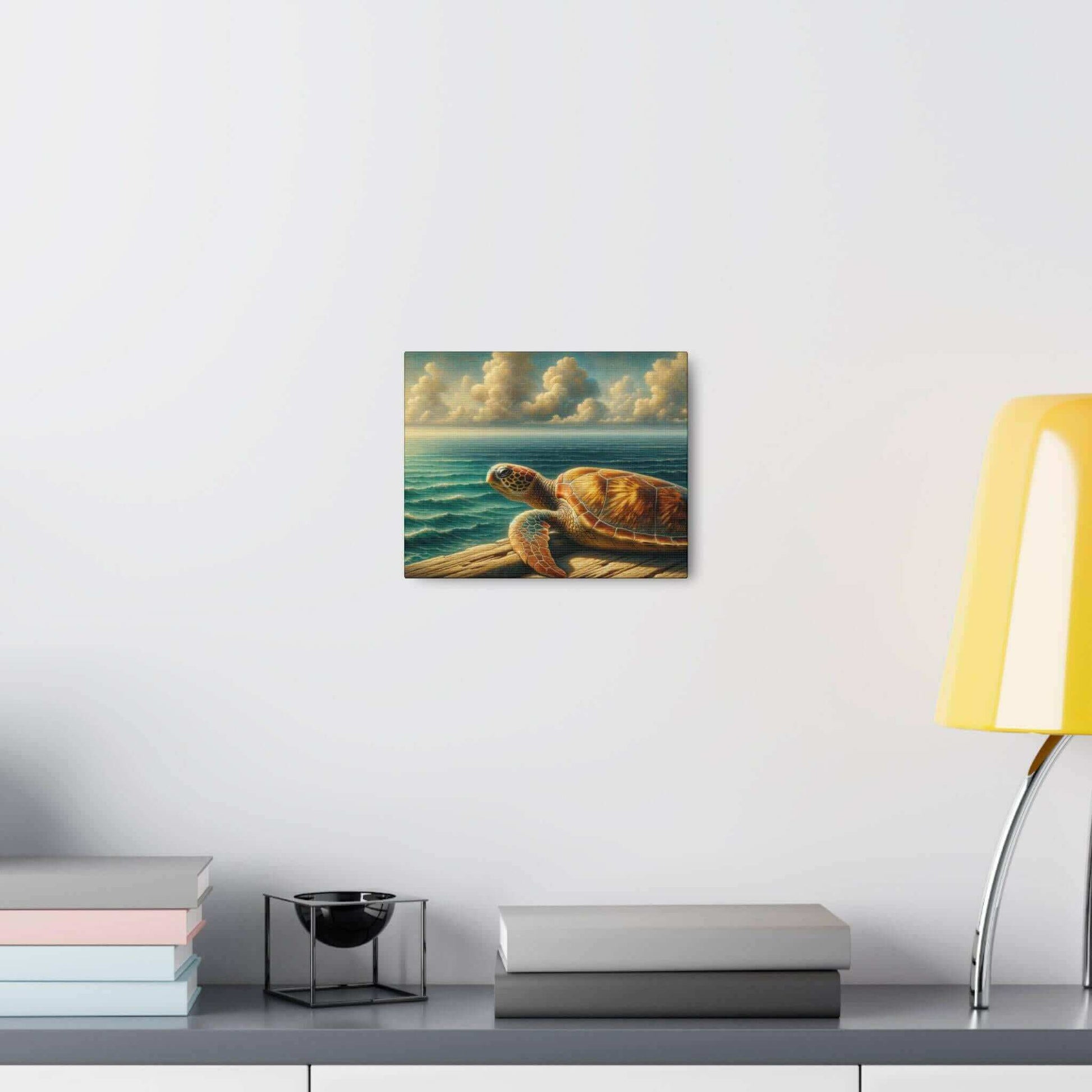 Painted Sea Turtle at the Dock Wallart on Canvas Dive into vibrant style with the Painted Sea Turtle at the Dock Wallart on Canvas. This stunning wall decor features a graceful sea turtle swimming through crystal clear waters rendered in eye-catching colo