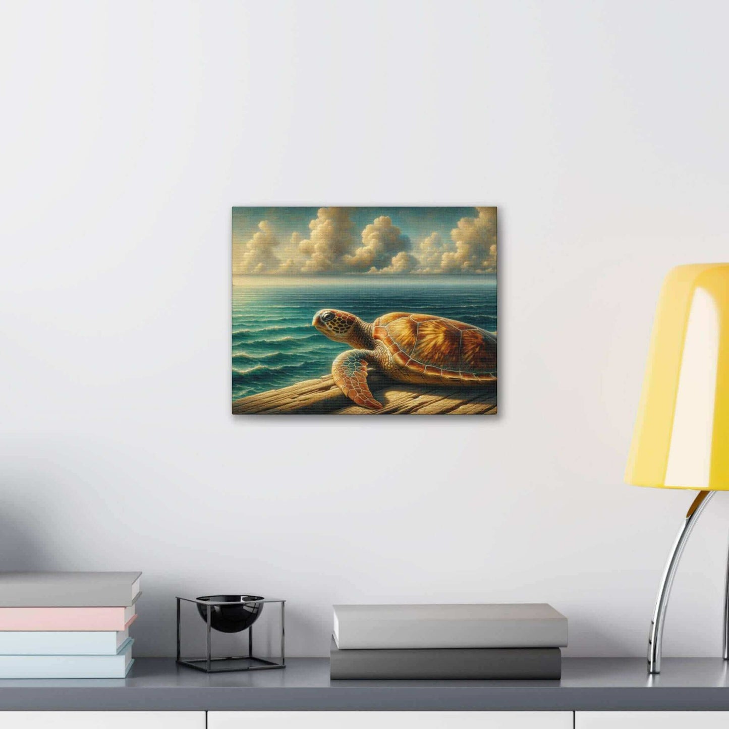 Painted Sea Turtle at the Dock Wallart on Canvas Dive into vibrant style with the Painted Sea Turtle at the Dock Wallart on Canvas. This stunning wall decor features a graceful sea turtle swimming through crystal clear waters rendered in eye-catching colo