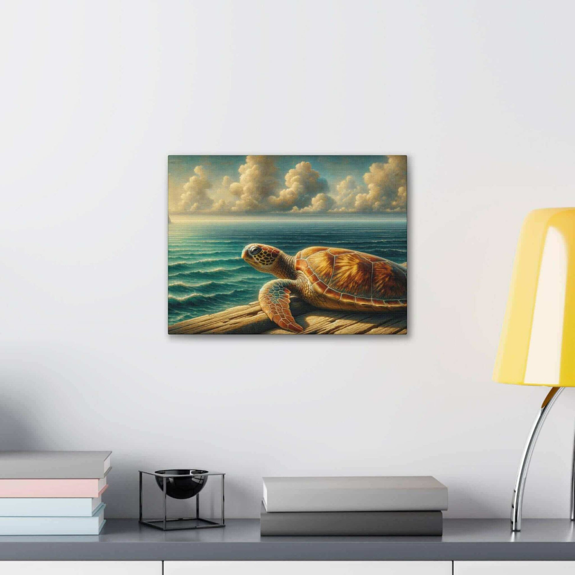 Painted Sea Turtle at the Dock Wallart on Canvas Dive into vibrant style with the Painted Sea Turtle at the Dock Wallart on Canvas. This stunning wall decor features a graceful sea turtle swimming through crystal clear waters rendered in eye-catching colo