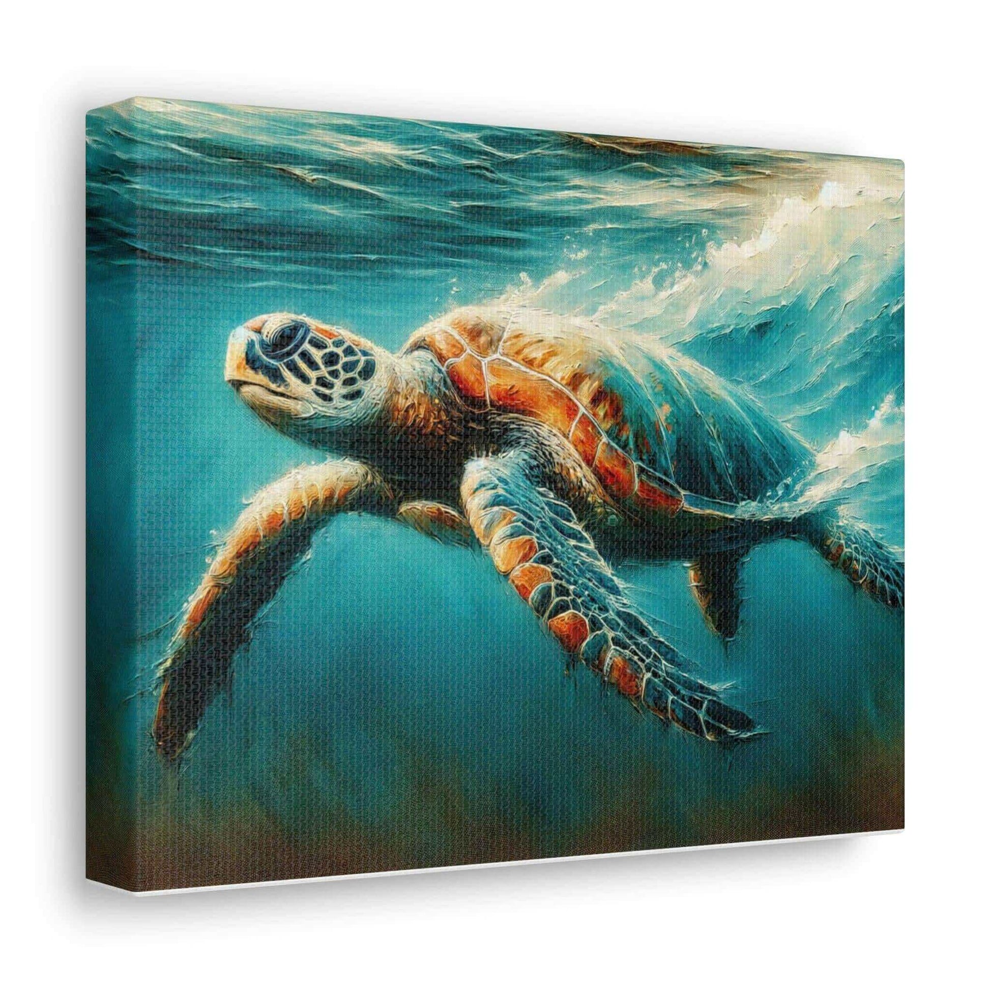 Painted Sea Turtle Swimming Wallart On Canvas Dive into vibrant style with the Painted Sea Turtle Swimming Wallart On Canvas. This stunning wall decor features a graceful sea turtle swimming through crystal clear waters rendered in eye-catching color. Pri