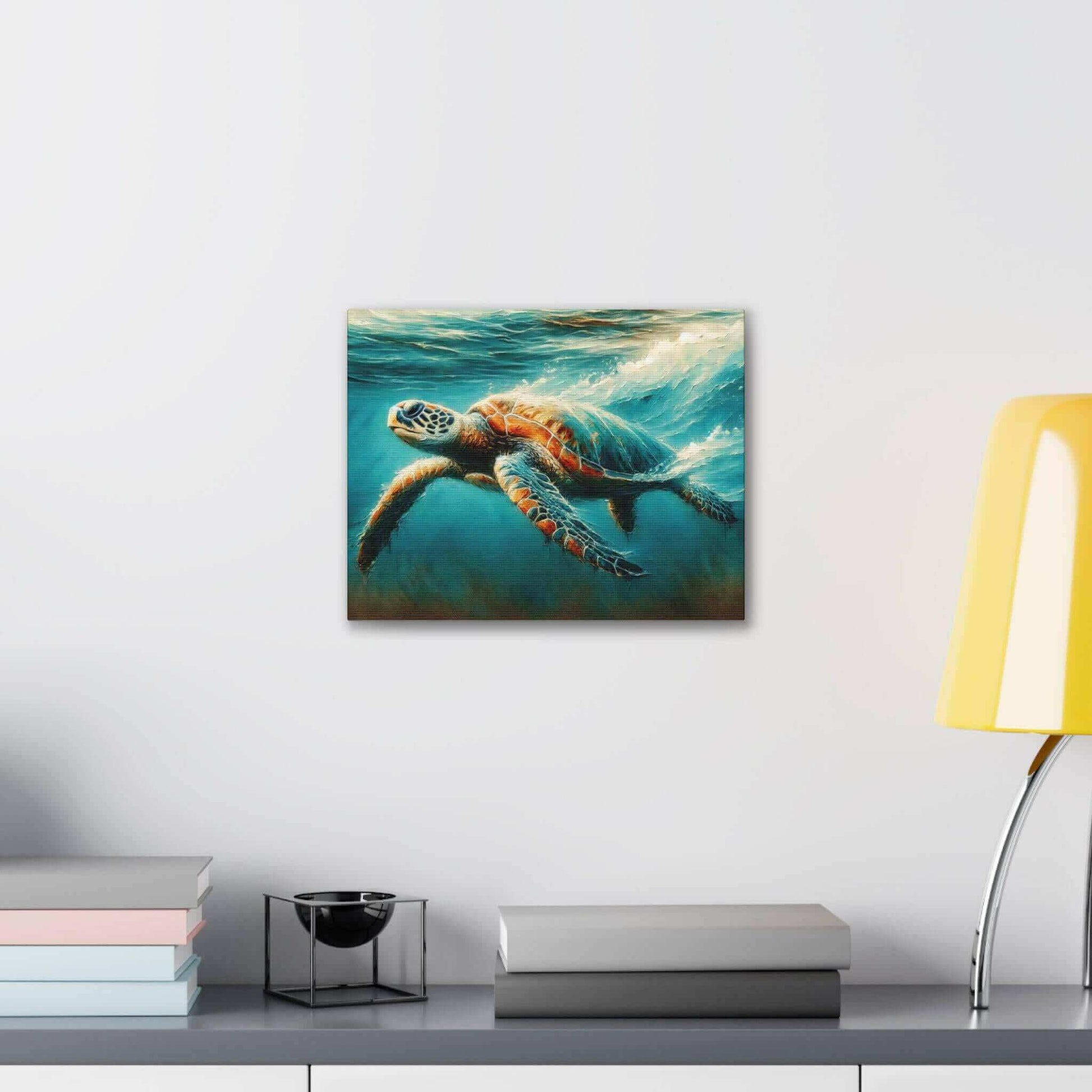 Painted Sea Turtle Swimming Wallart On Canvas Dive into vibrant style with the Painted Sea Turtle Swimming Wallart On Canvas. This stunning wall decor features a graceful sea turtle swimming through crystal clear waters rendered in eye-catching color. Pri