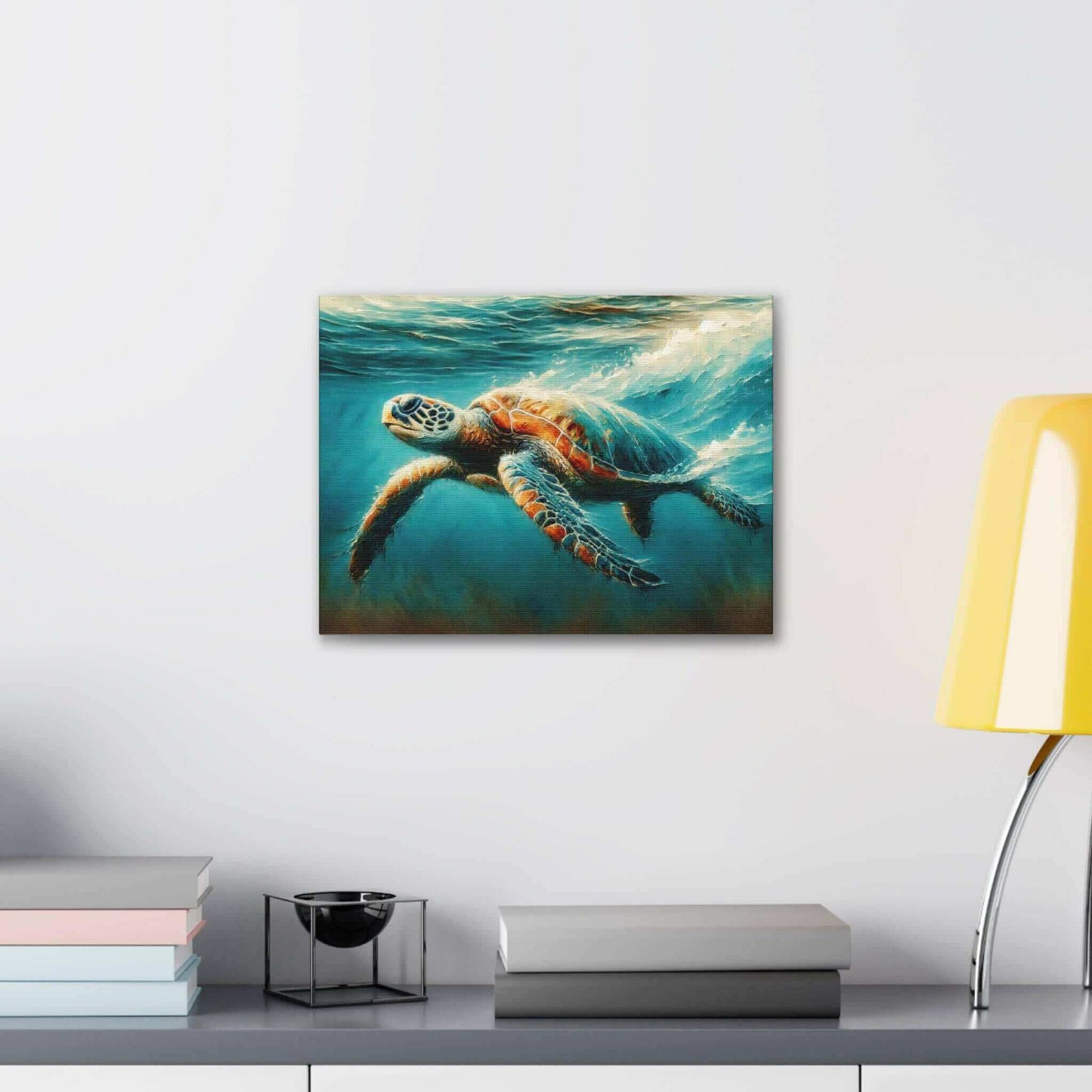 Painted Sea Turtle Swimming Wallart On Canvas Dive into vibrant style with the Painted Sea Turtle Swimming Wallart On Canvas. This stunning wall decor features a graceful sea turtle swimming through crystal clear waters rendered in eye-catching color. Pri