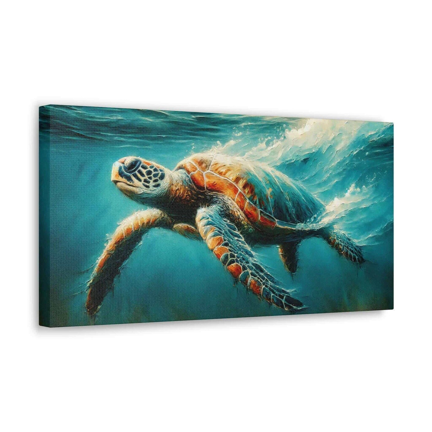 Painted Sea Turtle Swimming Wallart On Canvas Dive into vibrant style with the Painted Sea Turtle Swimming Wallart On Canvas. This stunning wall decor features a graceful sea turtle swimming through crystal clear waters rendered in eye-catching color. Pri