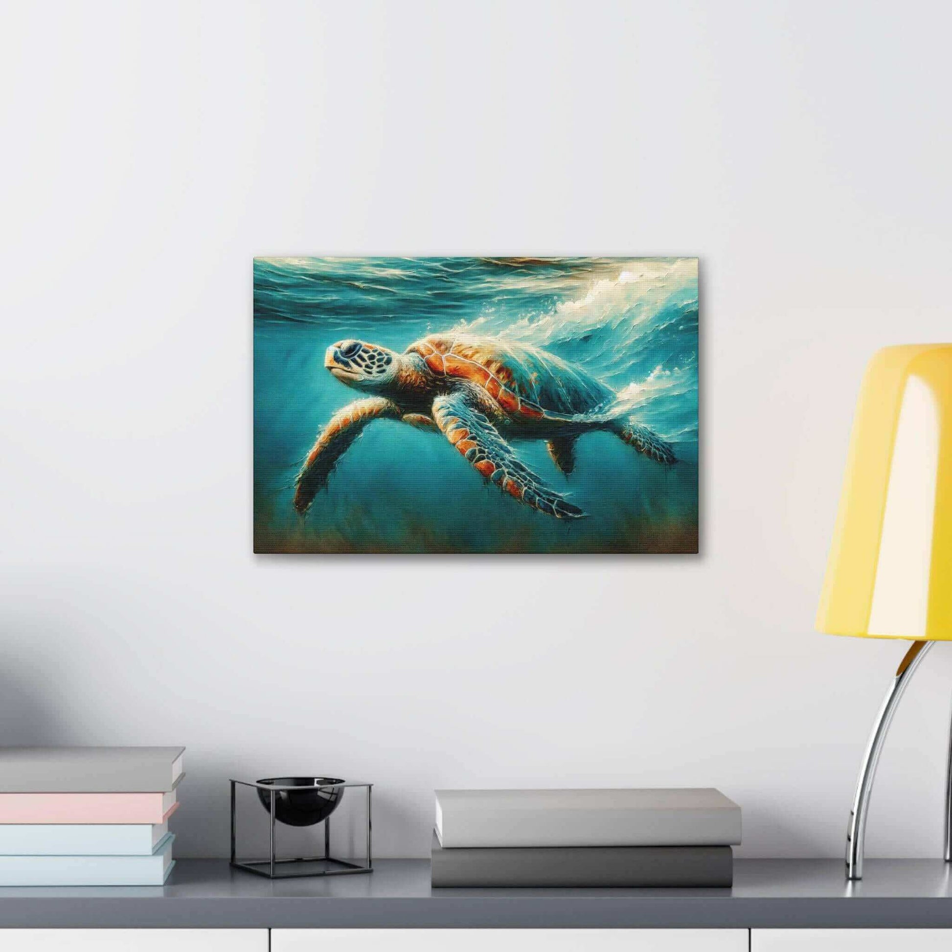 Painted Sea Turtle Swimming Wallart On Canvas Dive into vibrant style with the Painted Sea Turtle Swimming Wallart On Canvas. This stunning wall decor features a graceful sea turtle swimming through crystal clear waters rendered in eye-catching color. Pri