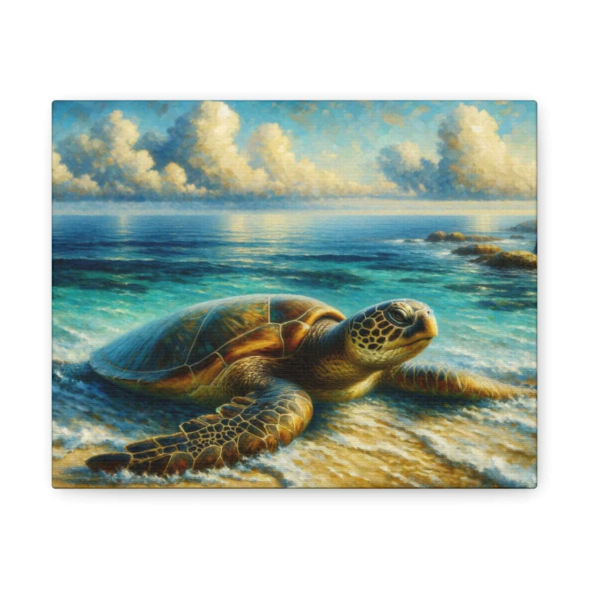 Painted Sea Turtle Wallart On Canvas Dive into vibrant style with the Painted Sea Turtle Wallart On Canvas. This stunning wall decor features a graceful sea turtle swimming through crystal clear waters rendered in eye-catching color. Printed on thick, hig