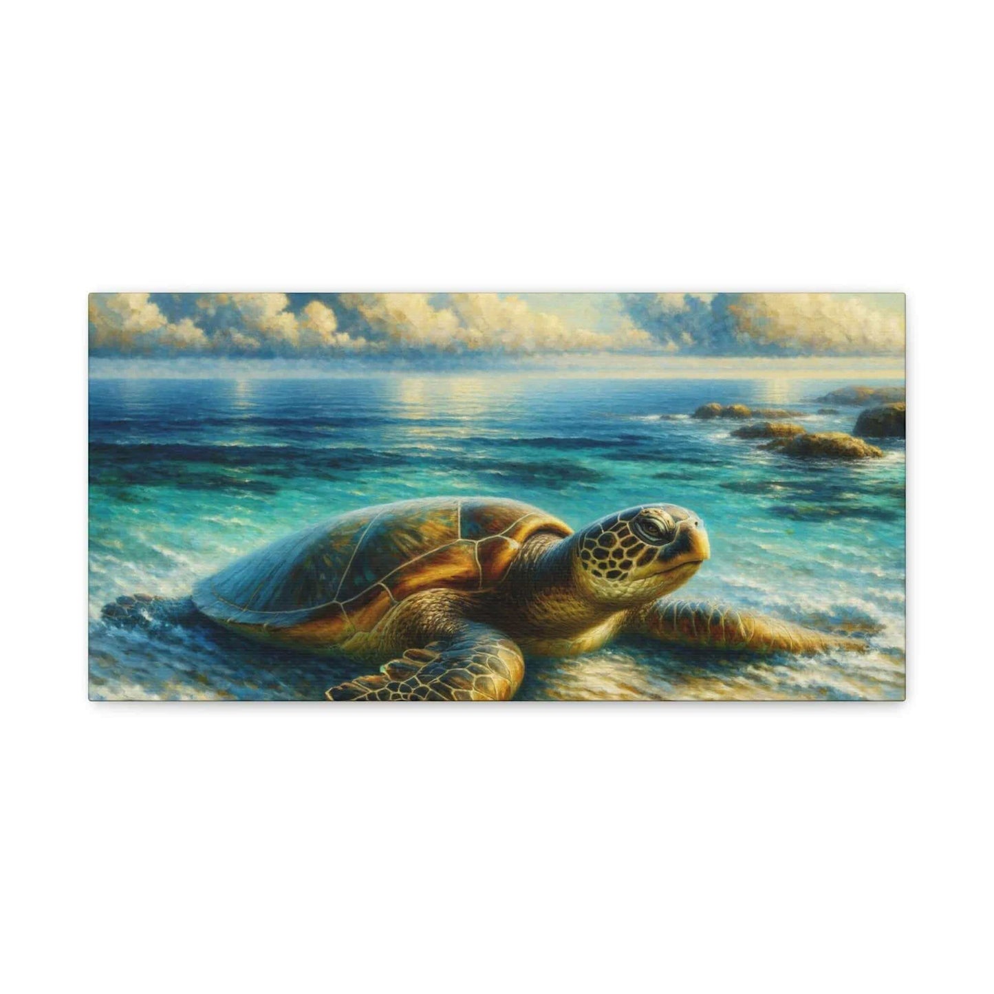 Painted Sea Turtle Wallart On Canvas Dive into vibrant style with the Painted Sea Turtle Wallart On Canvas. This stunning wall decor features a graceful sea turtle swimming through crystal clear waters rendered in eye-catching color. Printed on thick, hig