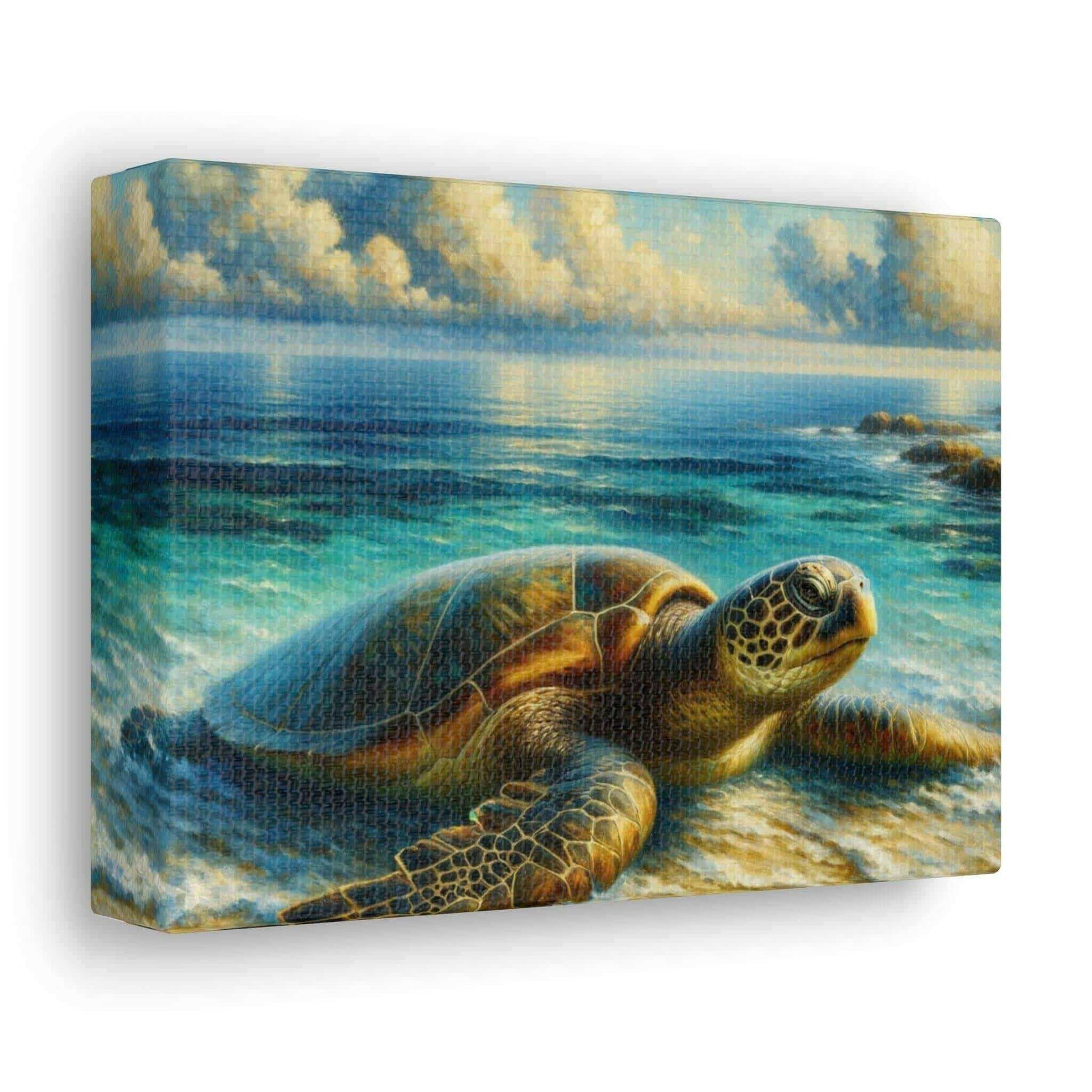 Painted Sea Turtle Wallart On Canvas Dive into vibrant style with the Painted Sea Turtle Wallart On Canvas. This stunning wall decor features a graceful sea turtle swimming through crystal clear waters rendered in eye-catching color. Printed on thick, hig