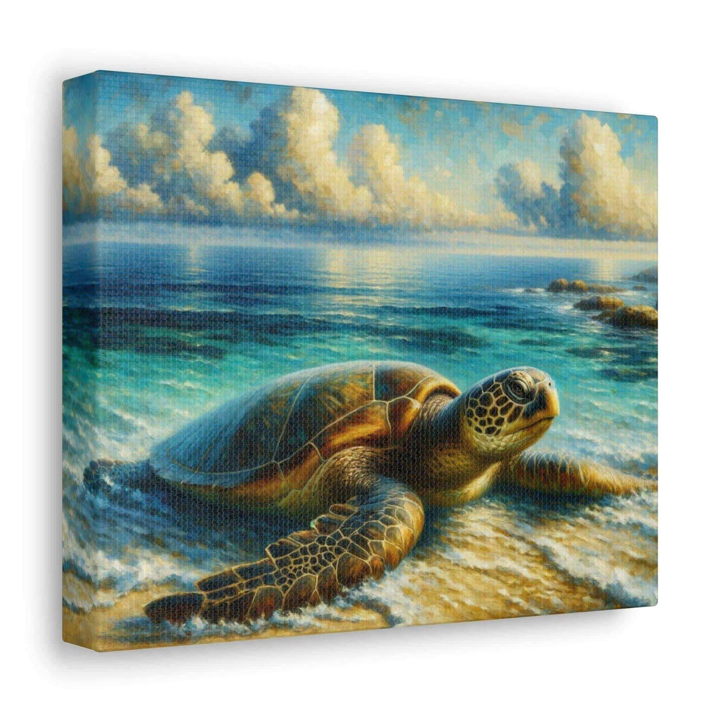 Painted Sea Turtle Wallart On Canvas Dive into vibrant style with the Painted Sea Turtle Wallart On Canvas. This stunning wall decor features a graceful sea turtle swimming through crystal clear waters rendered in eye-catching color. Printed on thick, hig