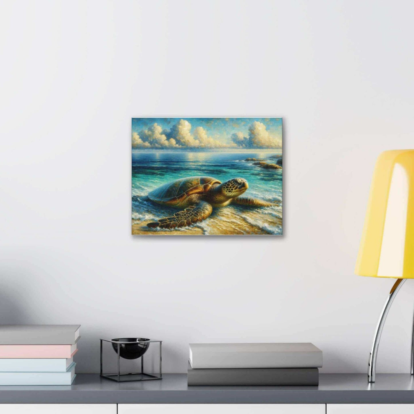 Painted Sea Turtle Wallart On Canvas Dive into vibrant style with the Painted Sea Turtle Wallart On Canvas. This stunning wall decor features a graceful sea turtle swimming through crystal clear waters rendered in eye-catching color. Printed on thick, hig