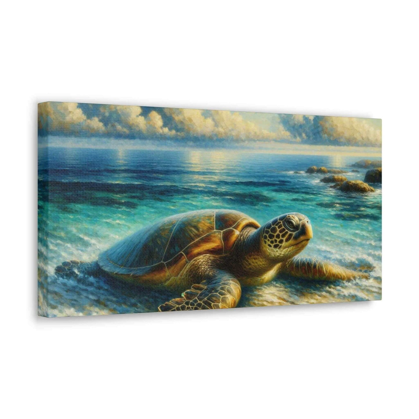 Painted Sea Turtle Wallart On Canvas Dive into vibrant style with the Painted Sea Turtle Wallart On Canvas. This stunning wall decor features a graceful sea turtle swimming through crystal clear waters rendered in eye-catching color. Printed on thick, hig