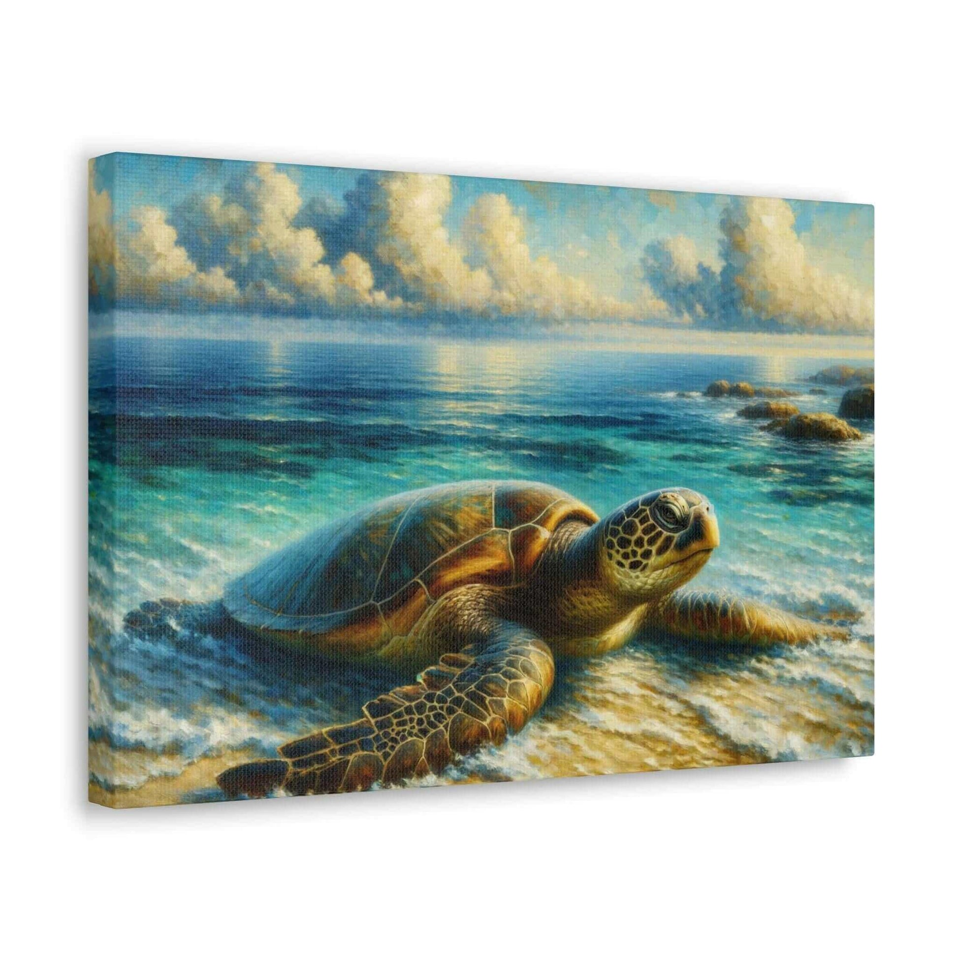 Painted Sea Turtle Wallart On Canvas Dive into vibrant style with the Painted Sea Turtle Wallart On Canvas. This stunning wall decor features a graceful sea turtle swimming through crystal clear waters rendered in eye-catching color. Printed on thick, hig