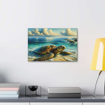 Painted Sea Turtle Wallart On Canvas Dive into vibrant style with the Painted Sea Turtle Wallart On Canvas. This stunning wall decor features a graceful sea turtle swimming through crystal clear waters rendered in eye-catching color. Printed on thick, hig