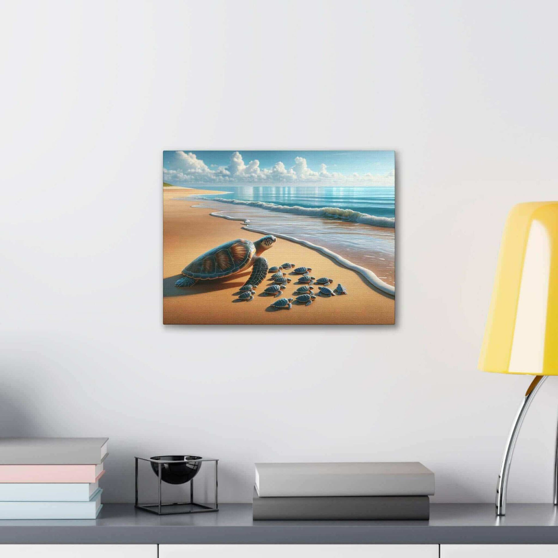 Sea Turtle On The Beach Wallart Canvas Dive into vibrant style with the Sea Turtle On The Beach Wallart Canvas. This stunning wall decor features a graceful sea turtle swimming through crystal clear waters rendered in eye-catching color. Printed on thick,