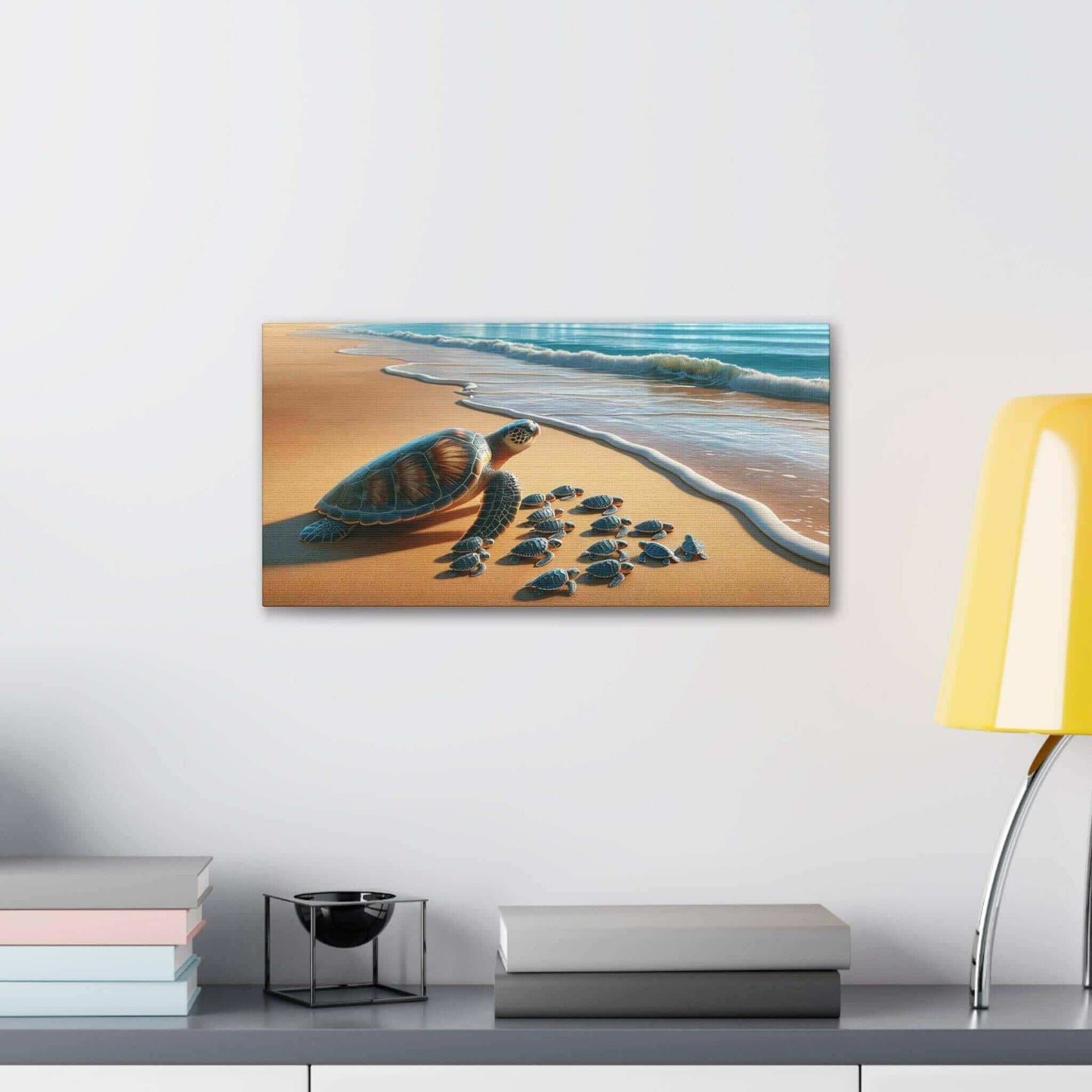 Sea Turtle On The Beach Wallart Canvas Dive into vibrant style with the Sea Turtle On The Beach Wallart Canvas. This stunning wall decor features a graceful sea turtle swimming through crystal clear waters rendered in eye-catching color. Printed on thick,