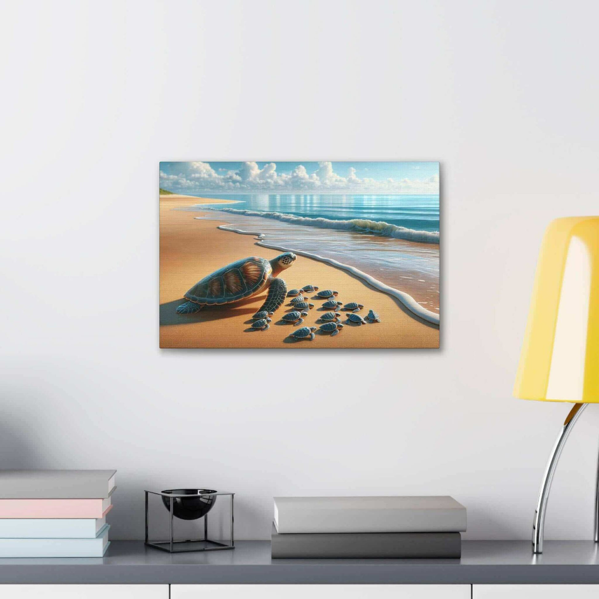 Sea Turtle On The Beach Wallart Canvas Dive into vibrant style with the Sea Turtle On The Beach Wallart Canvas. This stunning wall decor features a graceful sea turtle swimming through crystal clear waters rendered in eye-catching color. Printed on thick,