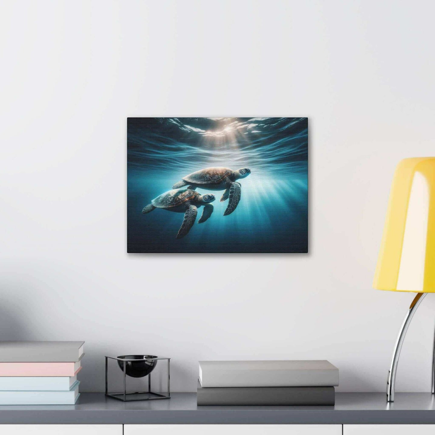 Underwater Sea Turtles Wallart Canvas Dive into vibrant style with the Underwater Sea Turtles Wallart Canvas. This stunning wall decor features a graceful sea turtle swimming through crystal clear waters rendered in eye-catching color. Printed on thick, h