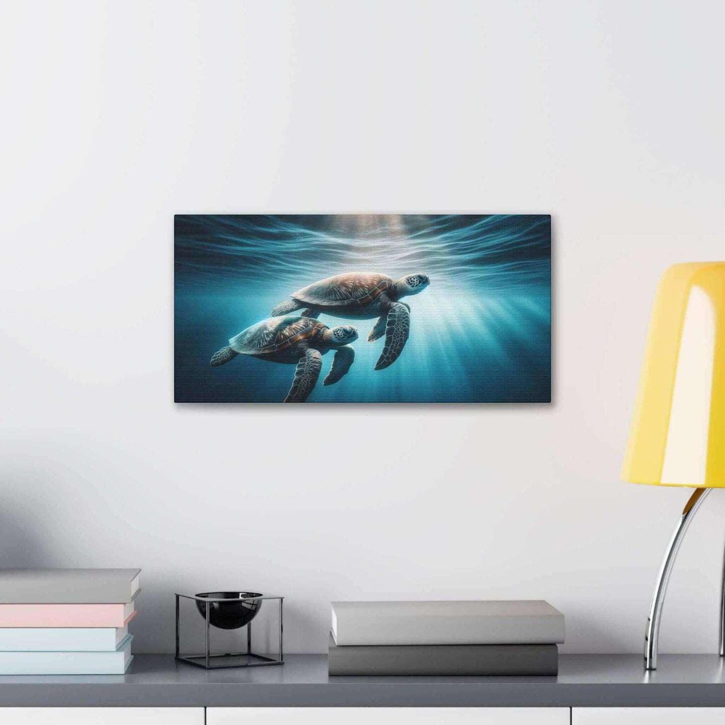 Underwater Sea Turtles Wallart Canvas Dive into vibrant style with the Underwater Sea Turtles Wallart Canvas. This stunning wall decor features a graceful sea turtle swimming through crystal clear waters rendered in eye-catching color. Printed on thick, h