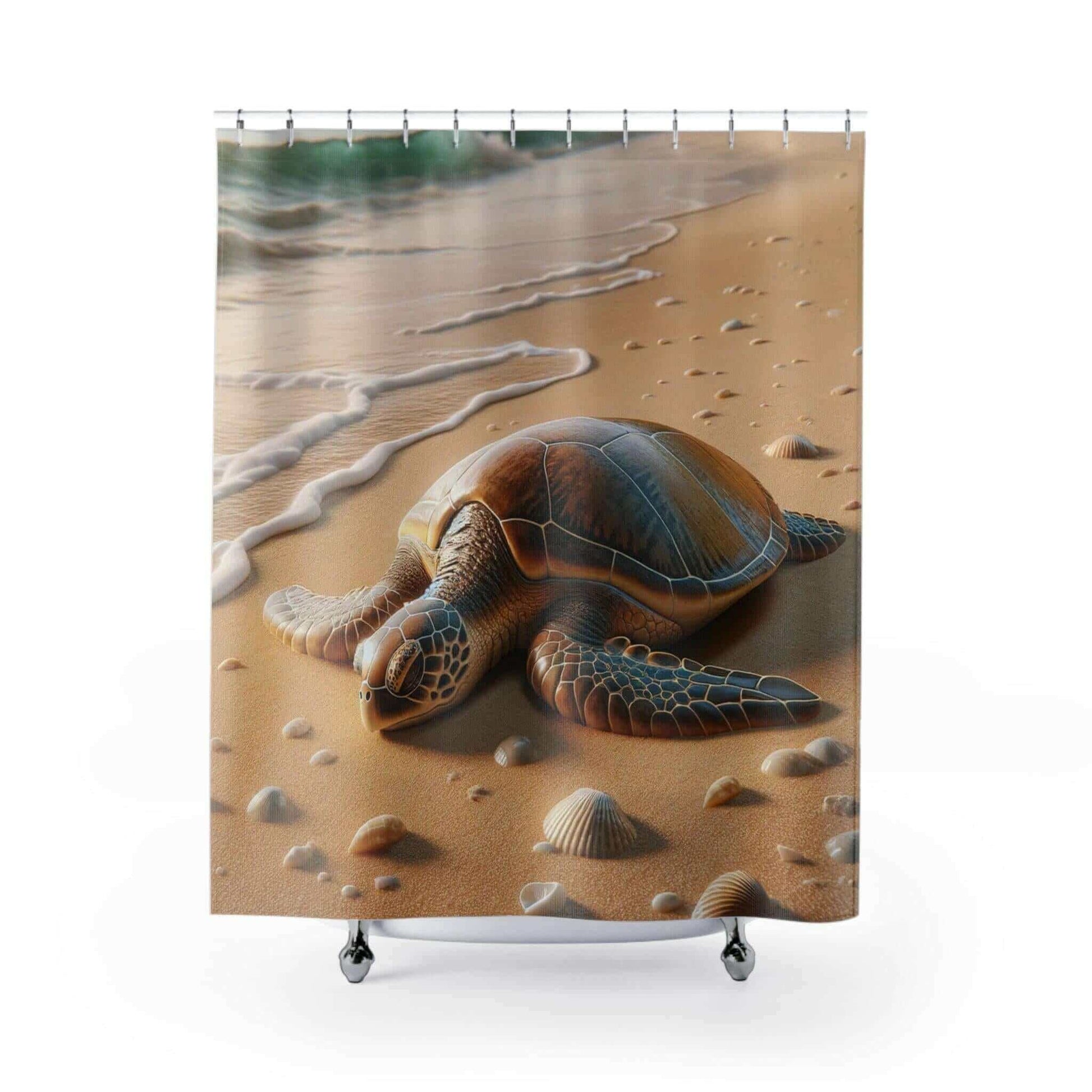 Sea Turtle On The Beach Shower Curtain Transport yourself to the tropical seas with this stunning Sea Turtle Shower Curtain. Its vibrant sea turtle design will add a splash of ocean charm to any bathroom. Made from durable polyester, this high-quality cur