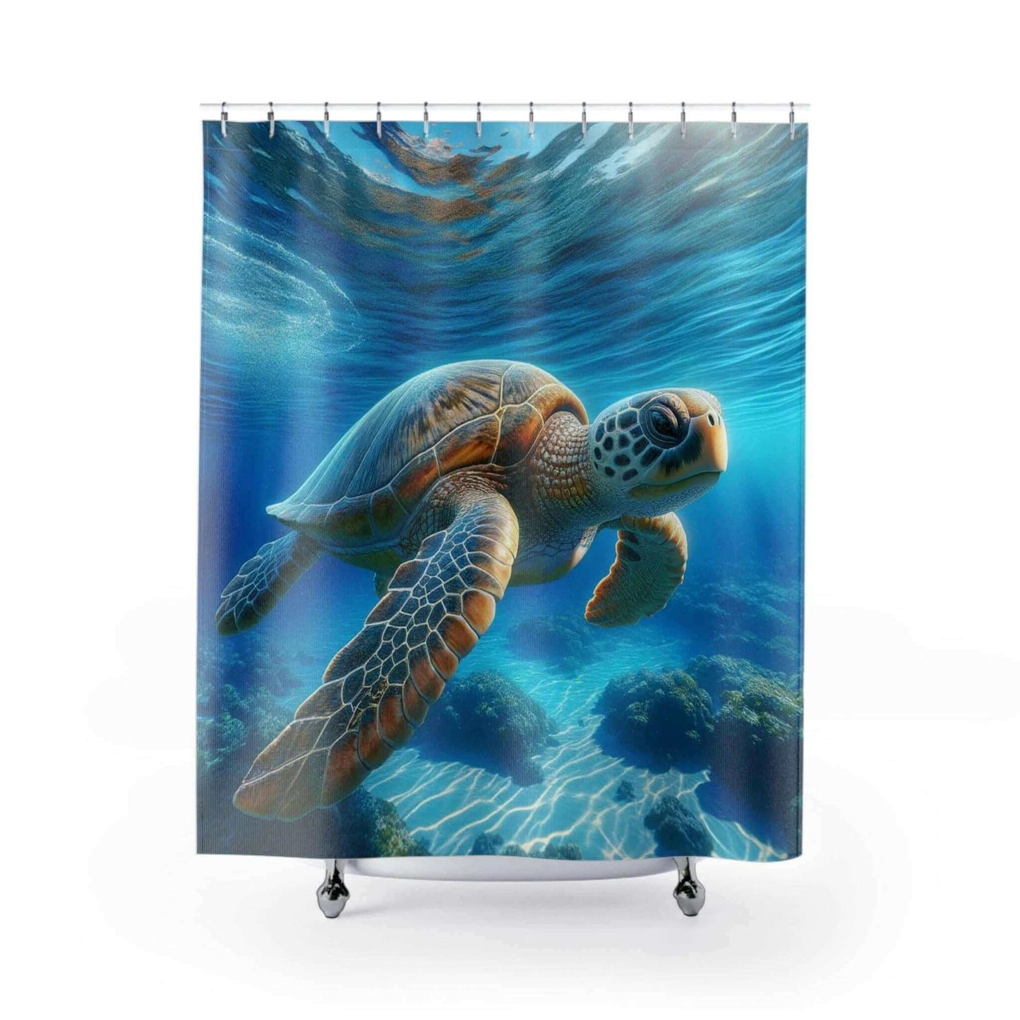 Swimming Sea Turtle Shower Curtain Transport yourself to the tropical seas with this stunning Sea Turtle Shower Curtain. Its vibrant sea turtle design will add a splash of ocean charm to any bathroom. Made from durable polyester, this high-quality curtain