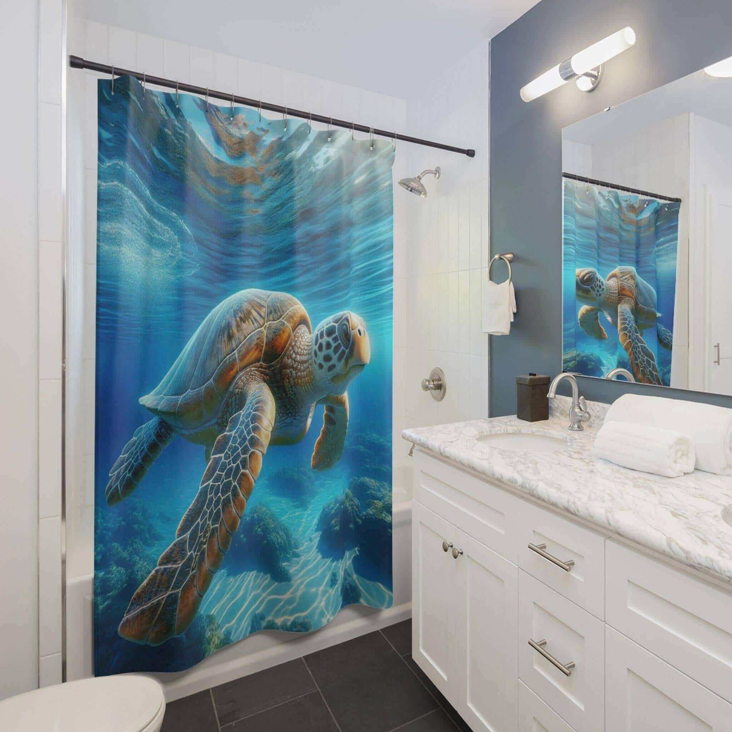 Swimming Sea Turtle Shower Curtain Transport yourself to the tropical seas with this stunning Sea Turtle Shower Curtain. Its vibrant sea turtle design will add a splash of ocean charm to any bathroom. Made from durable polyester, this high-quality curtain