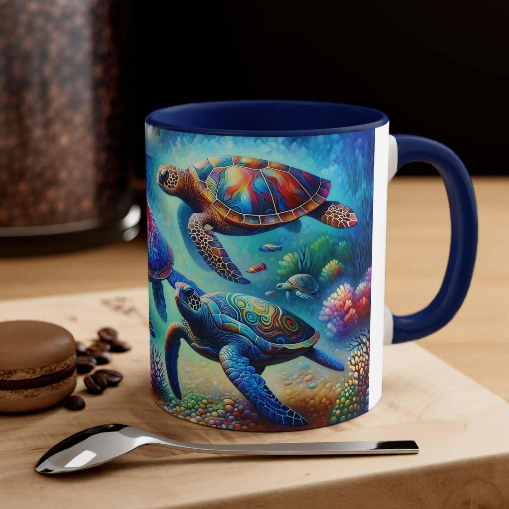 Colorful Sea Turtle Coffee Mug 1 Start your mornings off right with a warm cup of coffee in this eye-catching Sea Turtle mug that adds a pop of color and personality to your daily routine. Key features/benefits bullet list: Vibrant, customized designs pri