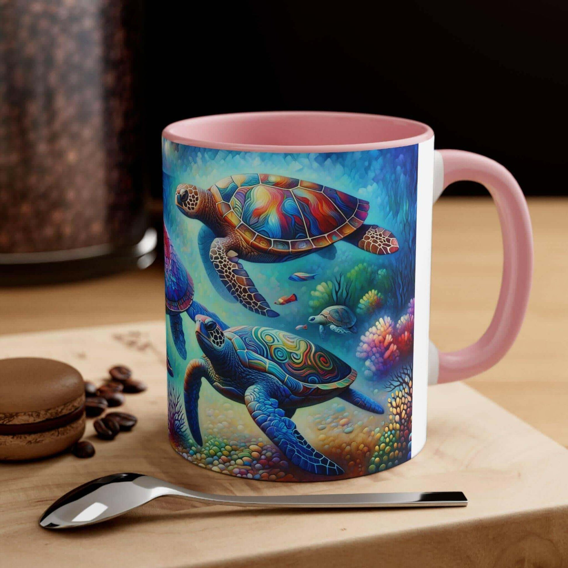 Colorful Sea Turtle Coffee Mug 1 Start your mornings off right with a warm cup of coffee in this eye-catching Sea Turtle mug that adds a pop of color and personality to your daily routine. Key features/benefits bullet list: Vibrant, customized designs pri