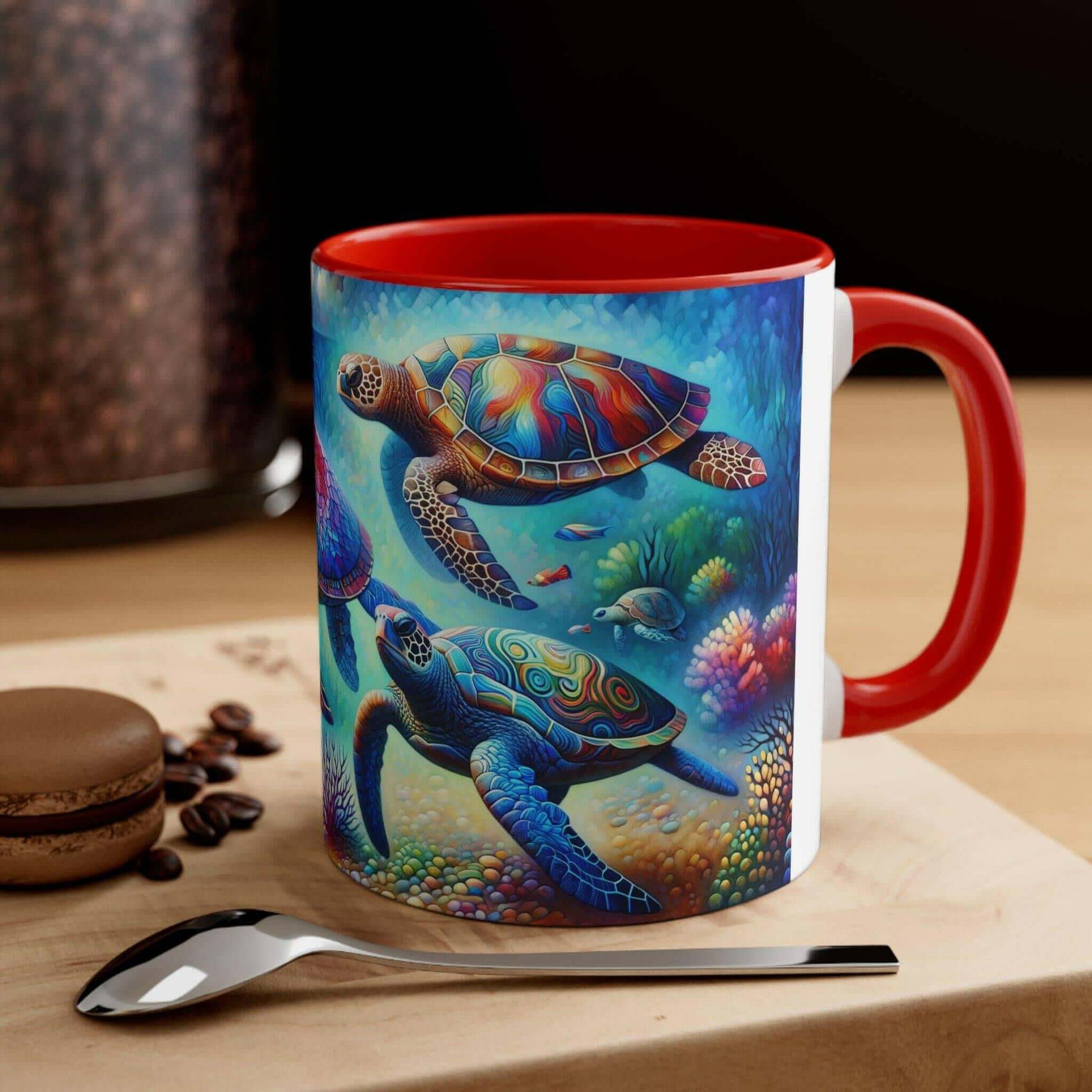 Colorful Sea Turtle Coffee Mug 1 Start your mornings off right with a warm cup of coffee in this eye-catching Sea Turtle mug that adds a pop of color and personality to your daily routine. Key features/benefits bullet list: Vibrant, customized designs pri