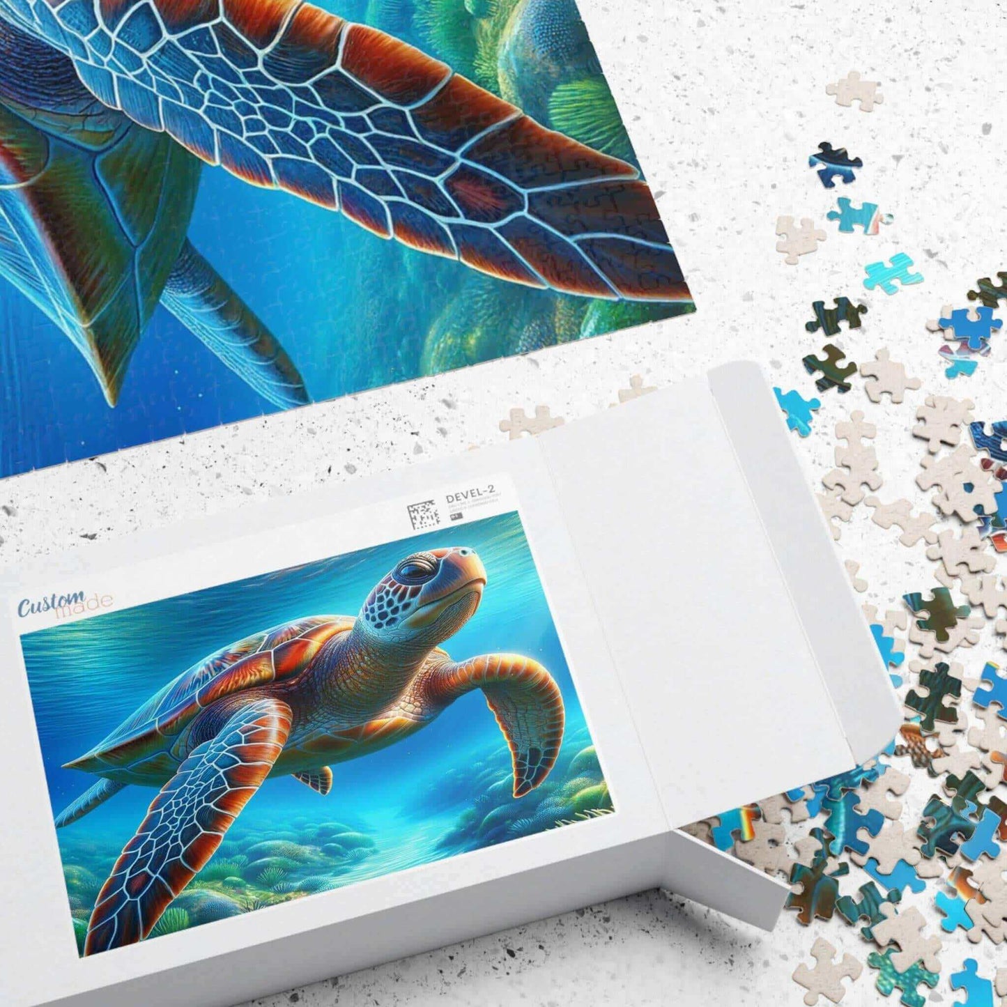 Sea Turtle Jigsaw Puzzle 1 Put the pieces together and dive into a world of wonder! This customizable Sea Turtle Puzzle transforms your favorite photos and art into a fun activity for all ages. Available in 110, 252, 520 or 1014 pieces with glossy, lamina