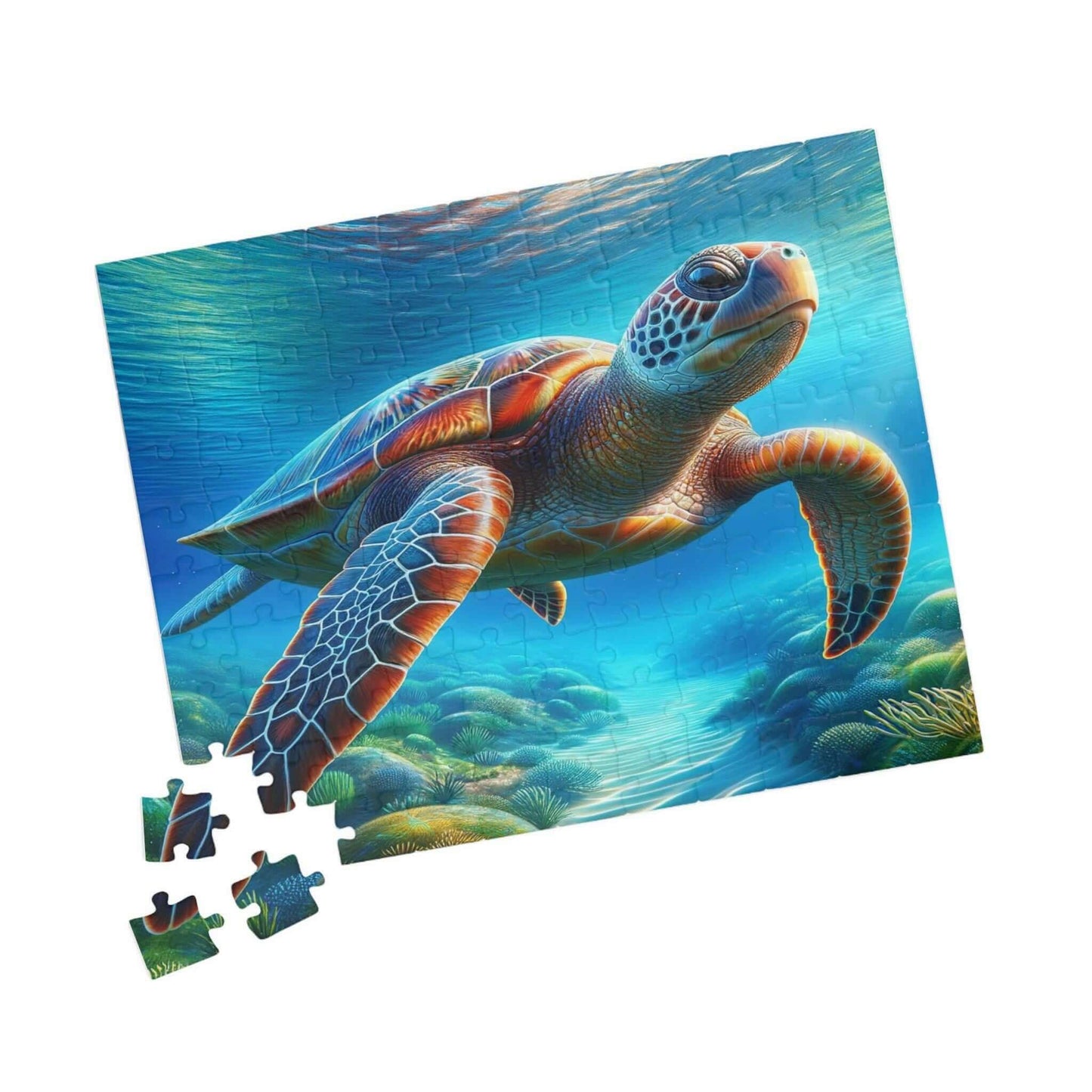 Sea Turtle Jigsaw Puzzle 1 Put the pieces together and dive into a world of wonder! This customizable Sea Turtle Puzzle transforms your favorite photos and art into a fun activity for all ages. Available in 110, 252, 520 or 1014 pieces with glossy, lamina