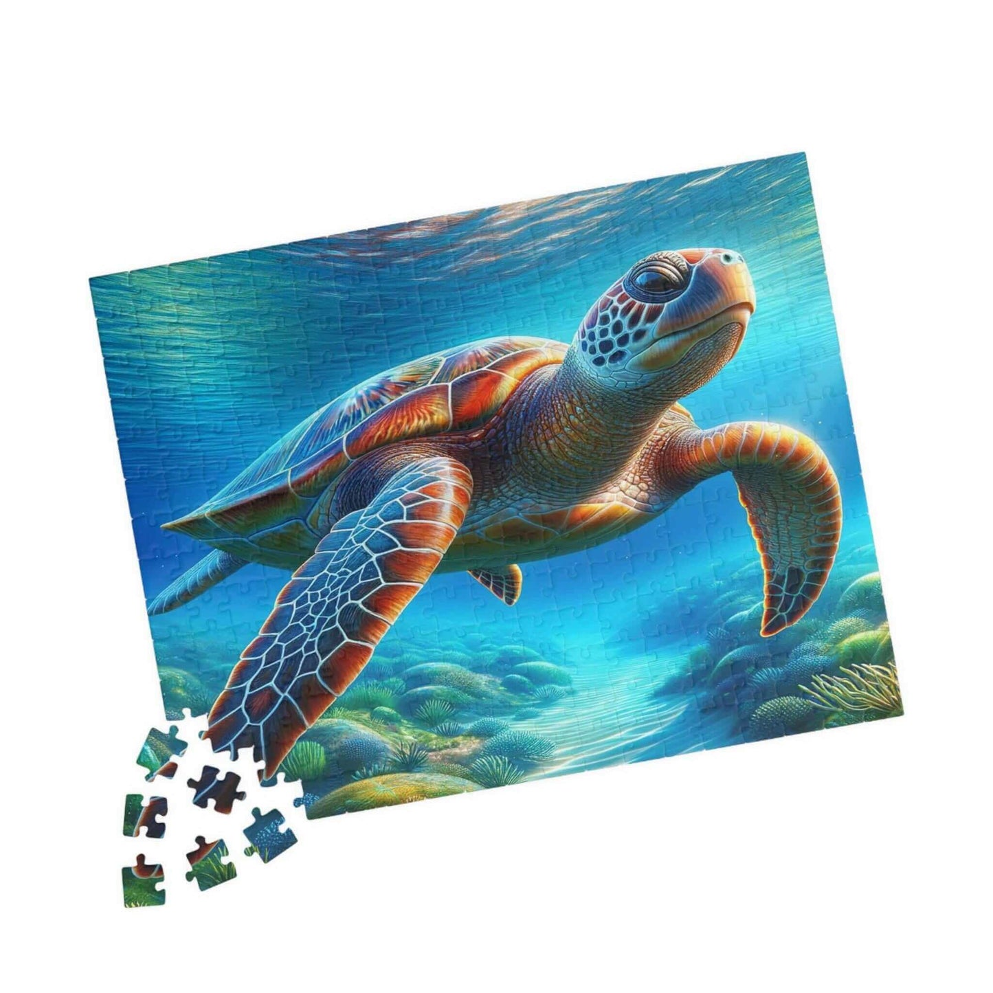 Sea Turtle Jigsaw Puzzle 1 Put the pieces together and dive into a world of wonder! This customizable Sea Turtle Puzzle transforms your favorite photos and art into a fun activity for all ages. Available in 110, 252, 520 or 1014 pieces with glossy, lamina