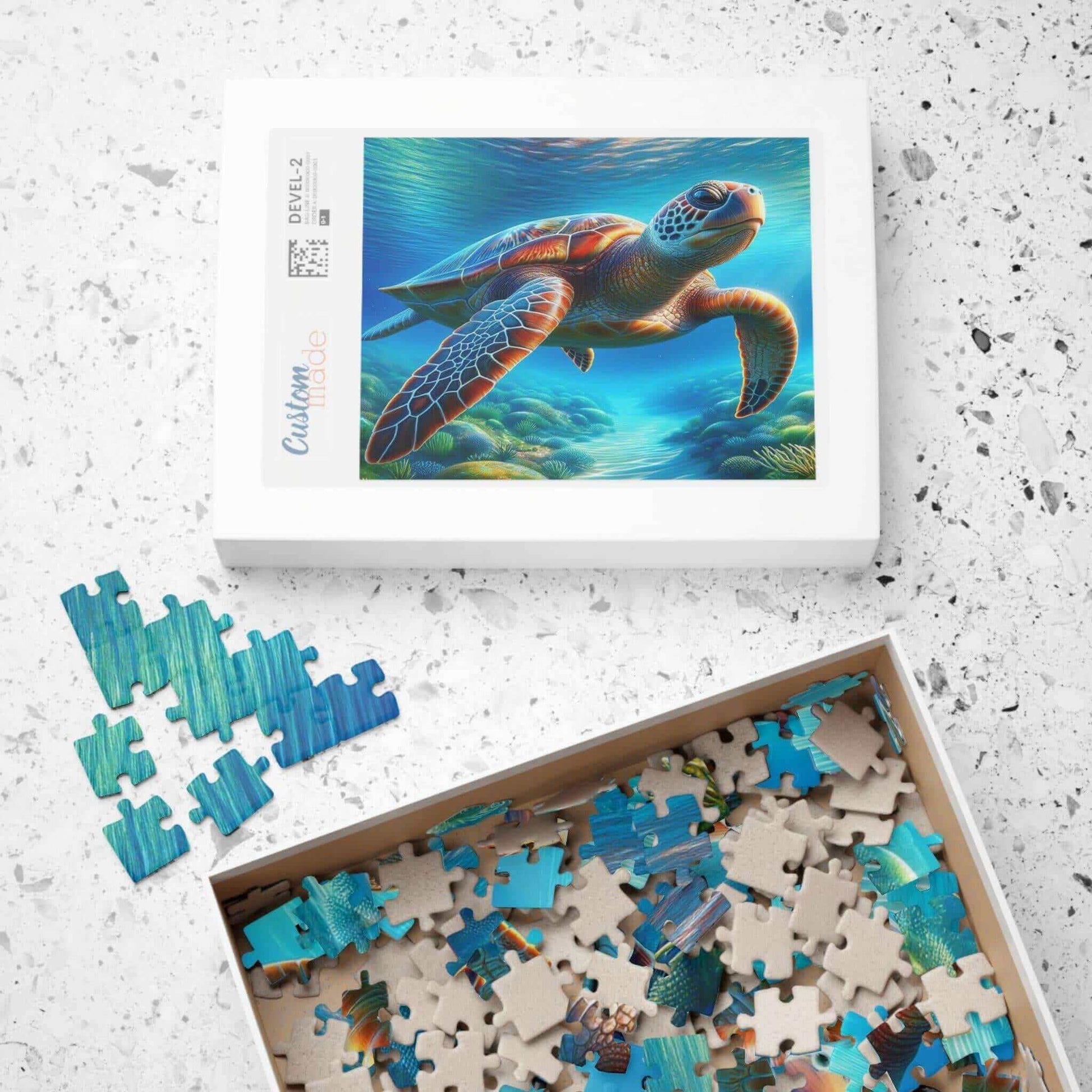 Sea Turtle Jigsaw Puzzle 1 Put the pieces together and dive into a world of wonder! This customizable Sea Turtle Puzzle transforms your favorite photos and art into a fun activity for all ages. Available in 110, 252, 520 or 1014 pieces with glossy, lamina