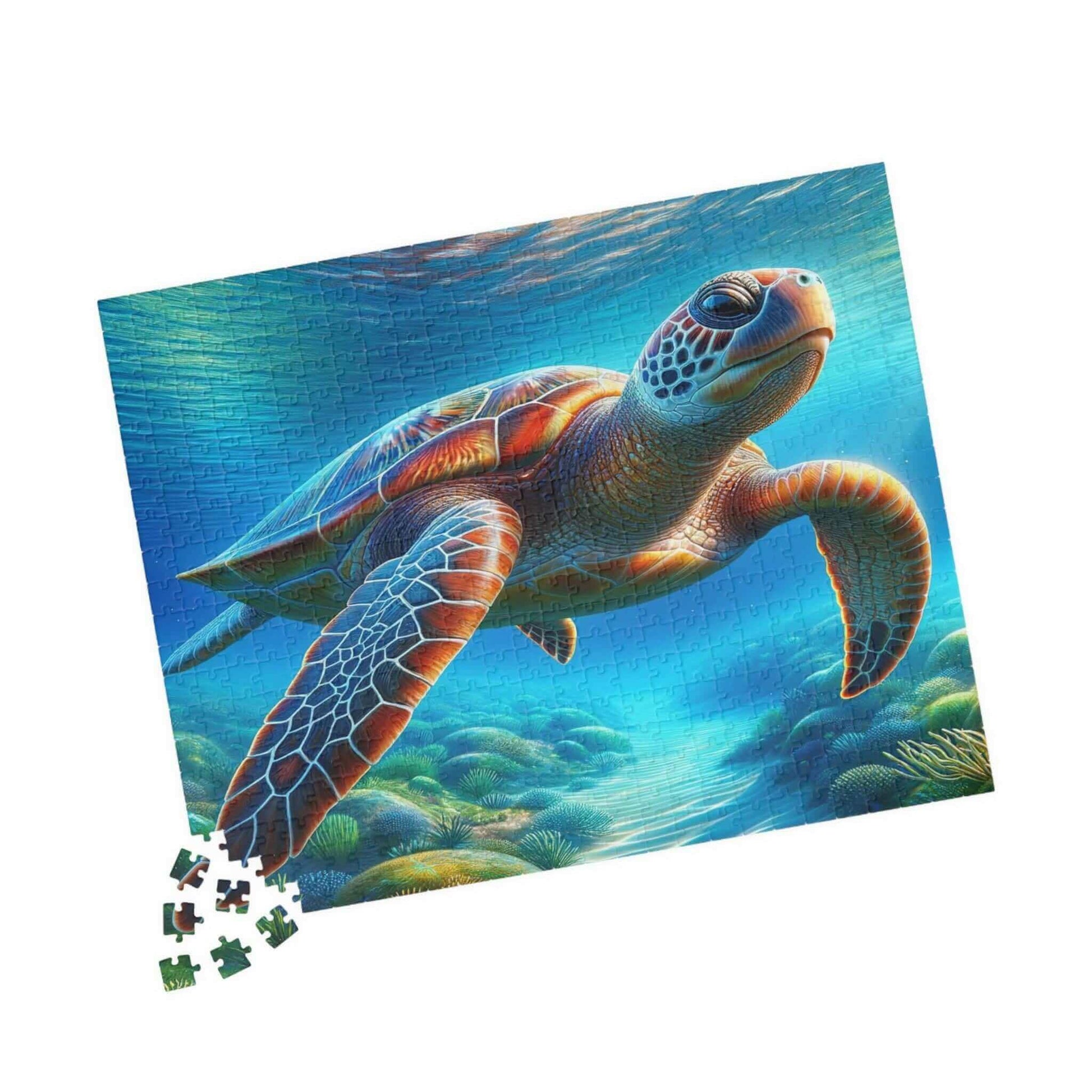 Sea Turtle Jigsaw Puzzle 1 Put the pieces together and dive into a world of wonder! This customizable Sea Turtle Puzzle transforms your favorite photos and art into a fun activity for all ages. Available in 110, 252, 520 or 1014 pieces with glossy, lamina