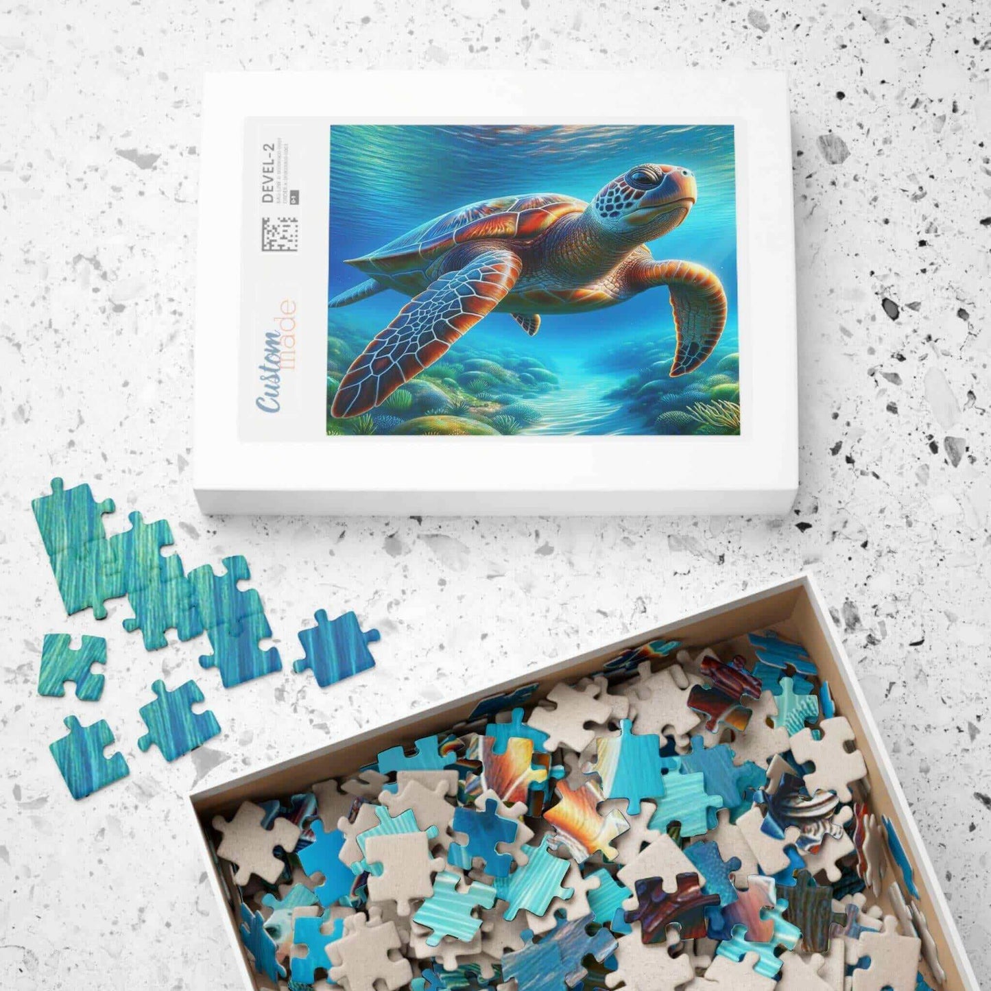 Sea Turtle Jigsaw Puzzle 1 Put the pieces together and dive into a world of wonder! This customizable Sea Turtle Puzzle transforms your favorite photos and art into a fun activity for all ages. Available in 110, 252, 520 or 1014 pieces with glossy, lamina